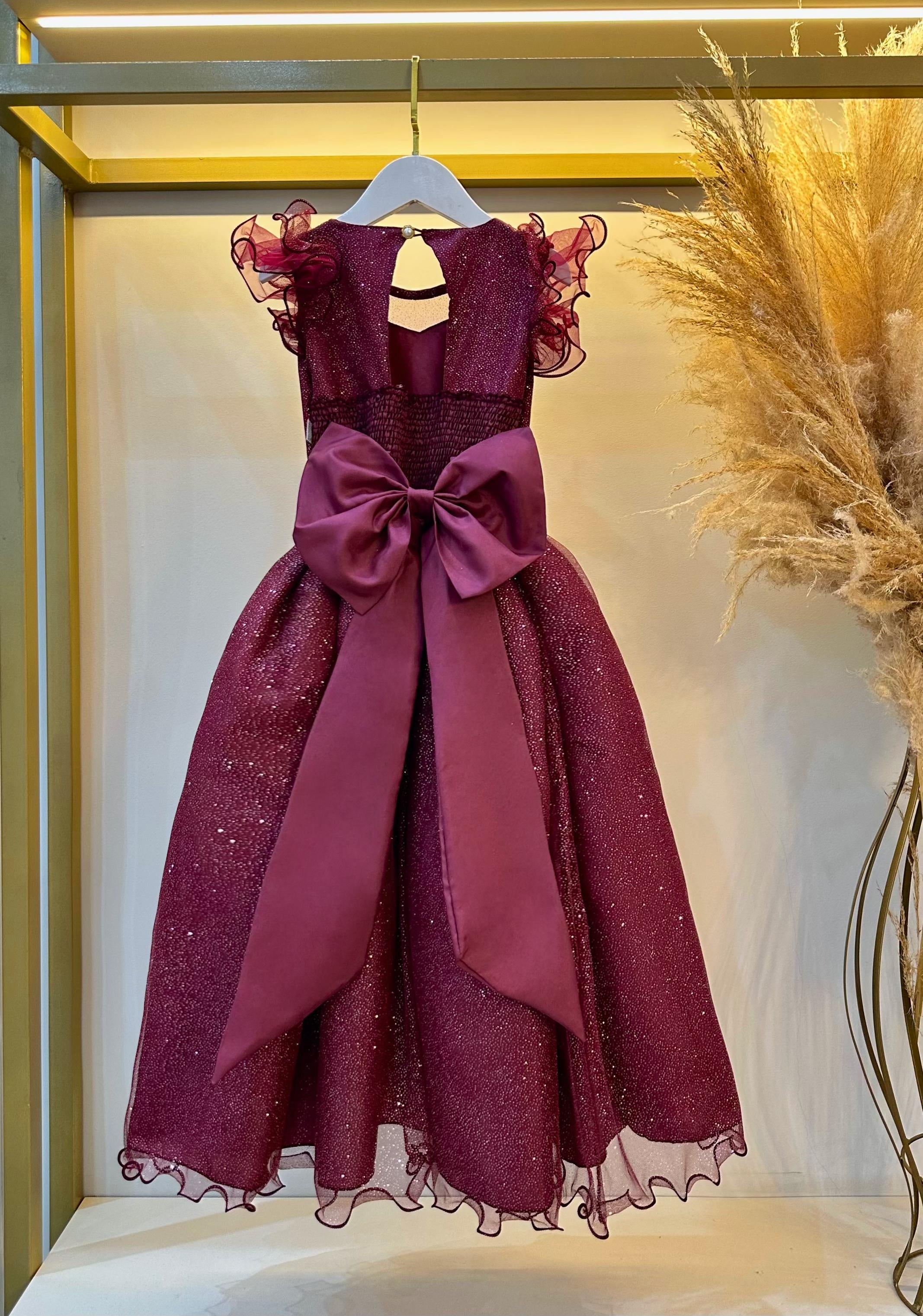Vestido Infantil Longo Marsala Daminhas de Honra C/ Glitter