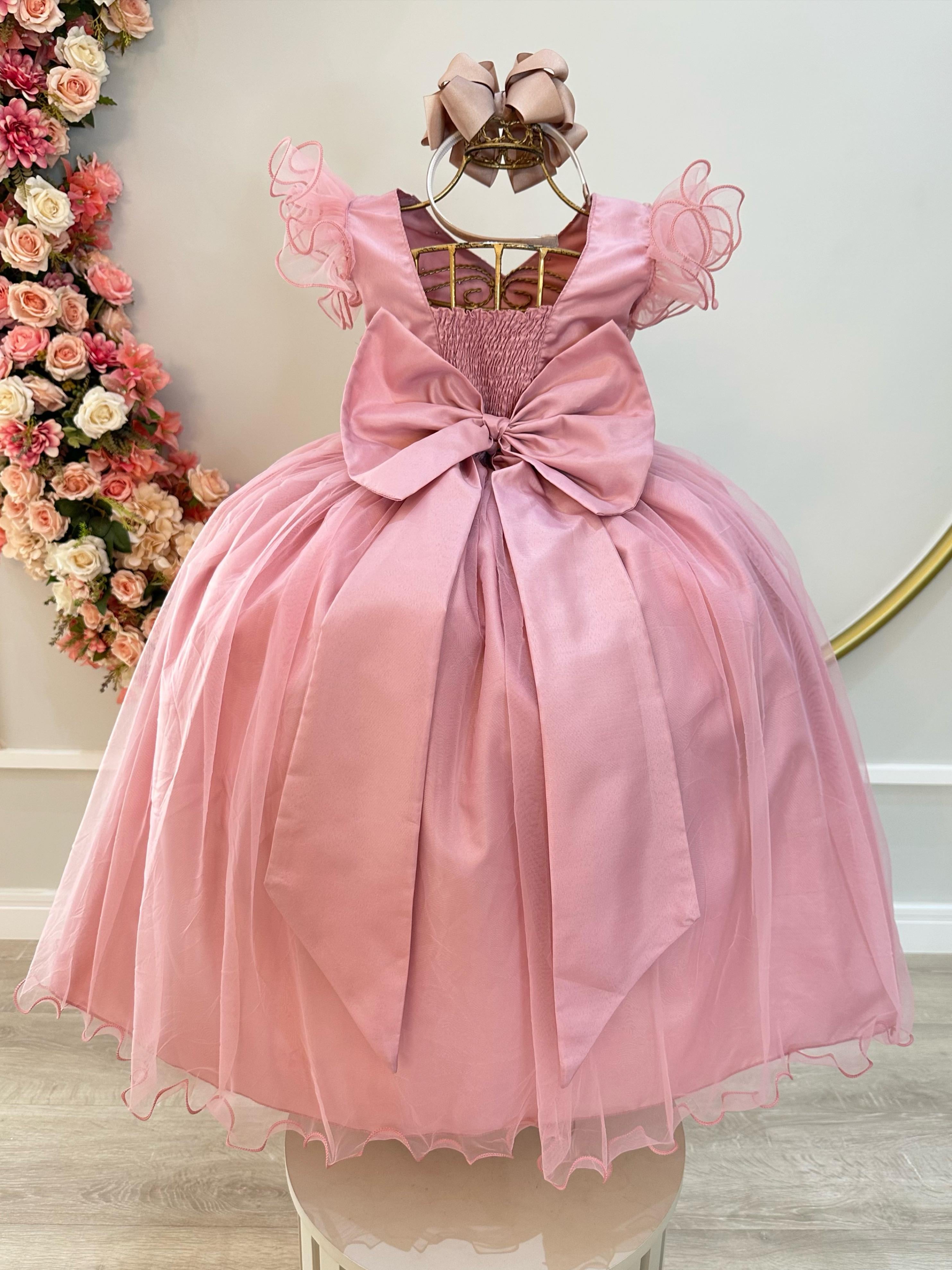 Vestido Infantil Longo Rose C/ Apliques e Renda Damas Festas