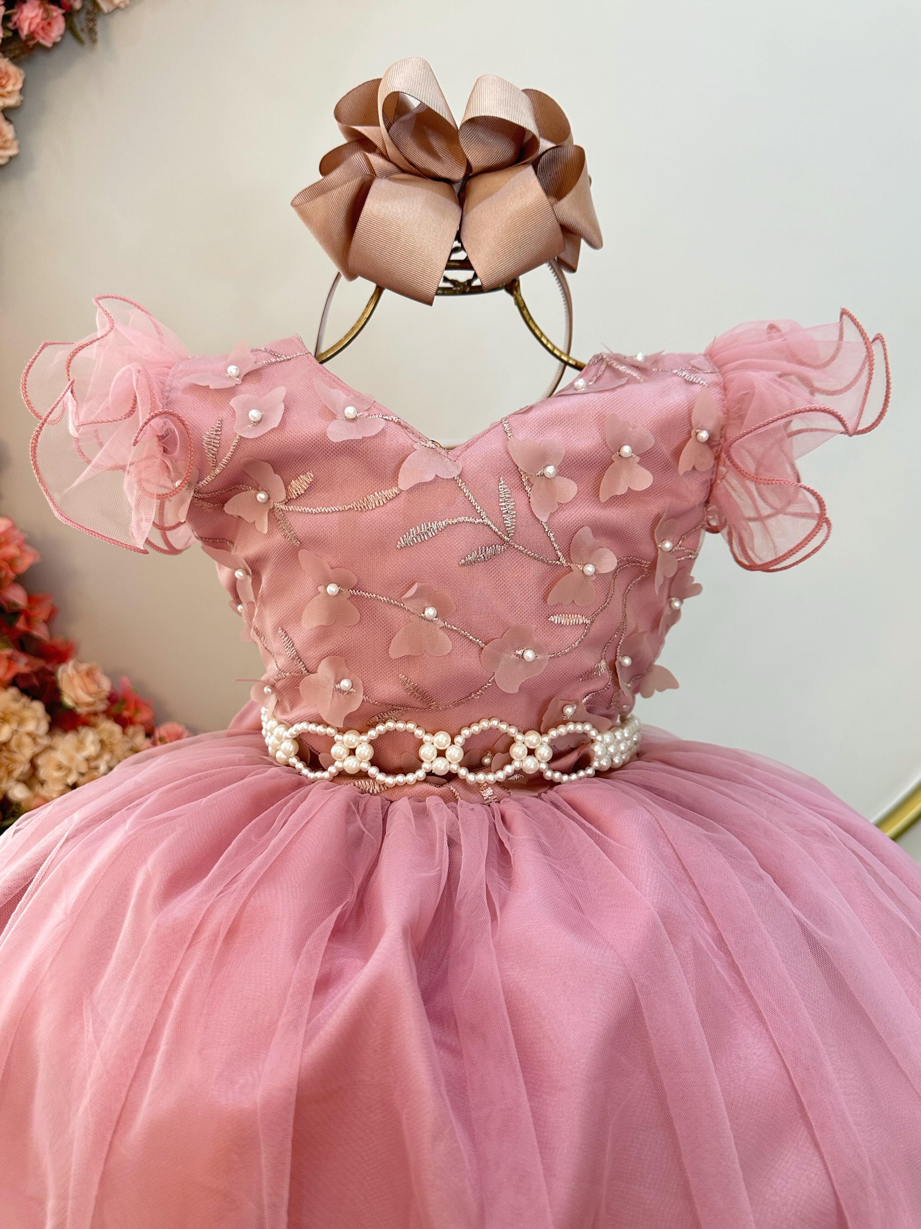 Vestido Infantil Longo Rose C/ Apliques e Renda Damas Festas