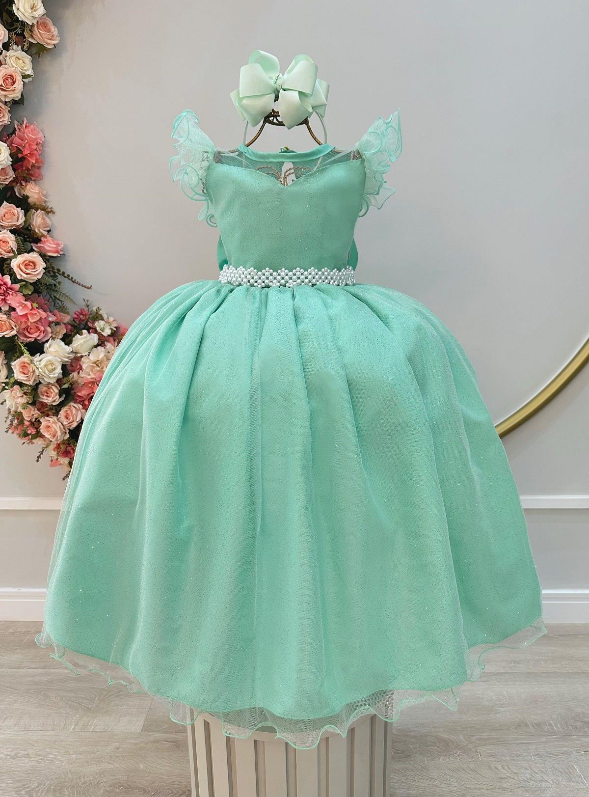Vestido Infantil Longo Verde Daminhas de Honra C/ Glitter
