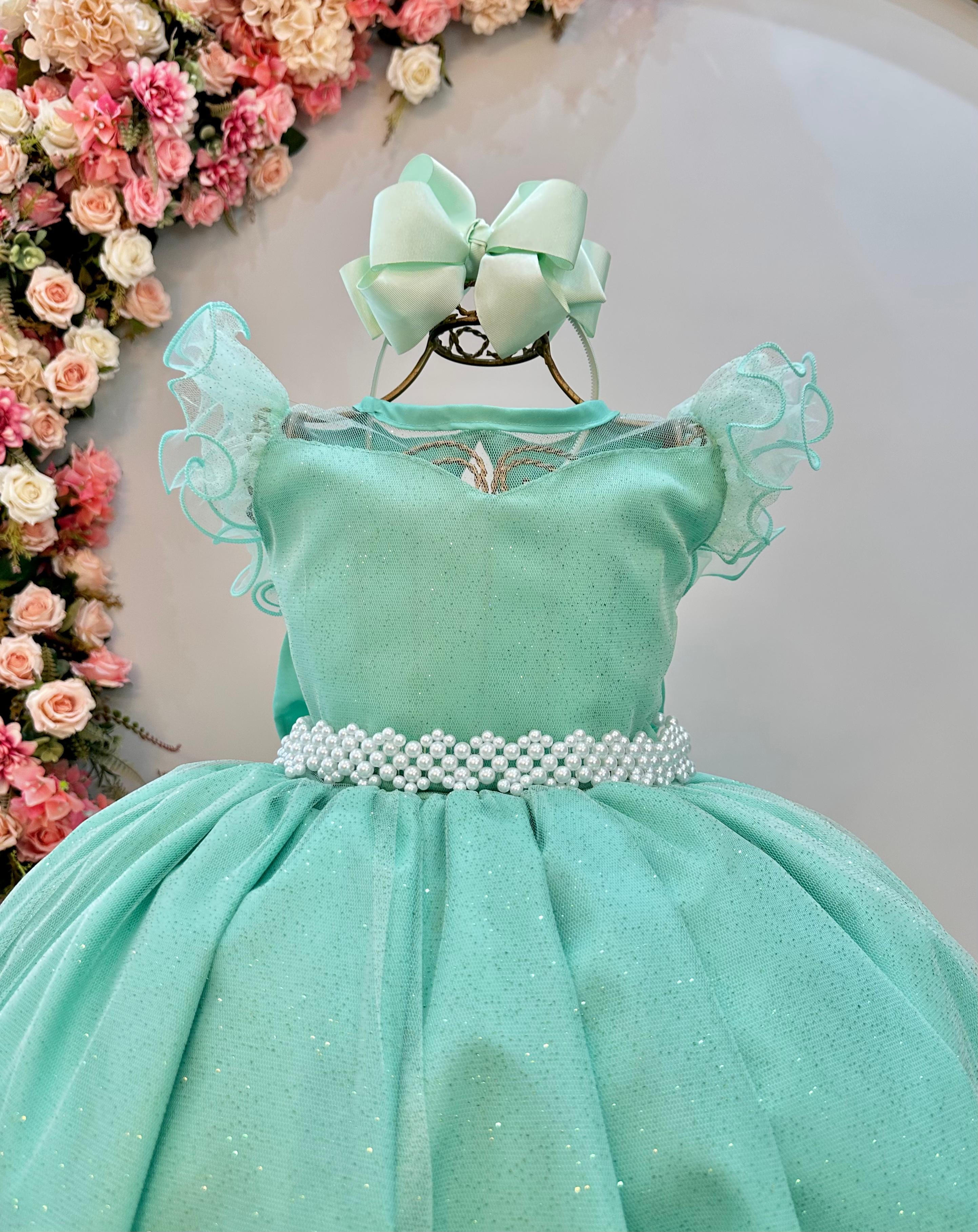 Vestido Infantil Longo Verde Daminhas de Honra C/ Glitter