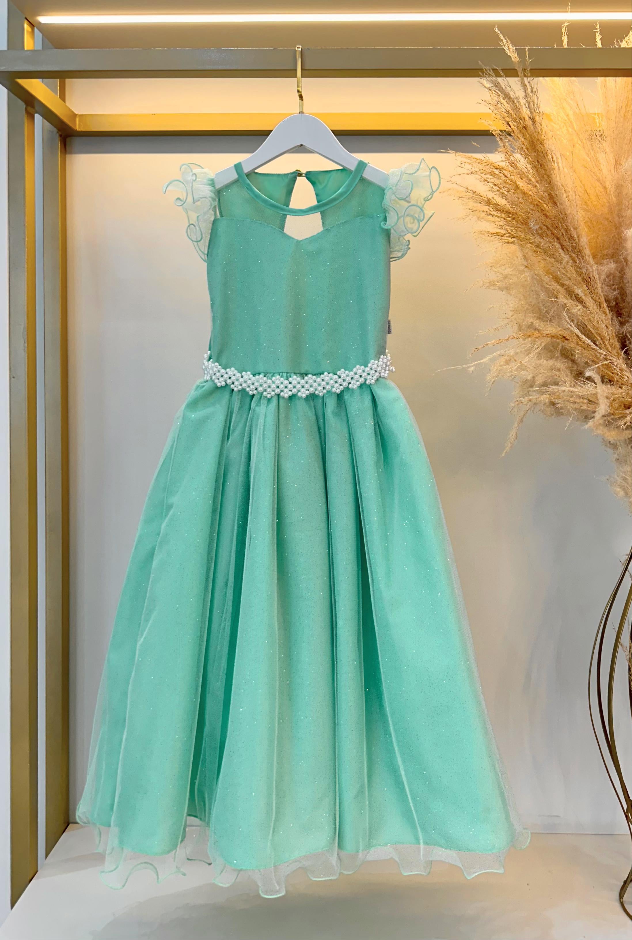 Vestido Infantil Longo Verde Daminhas de Honra C/ Glitter