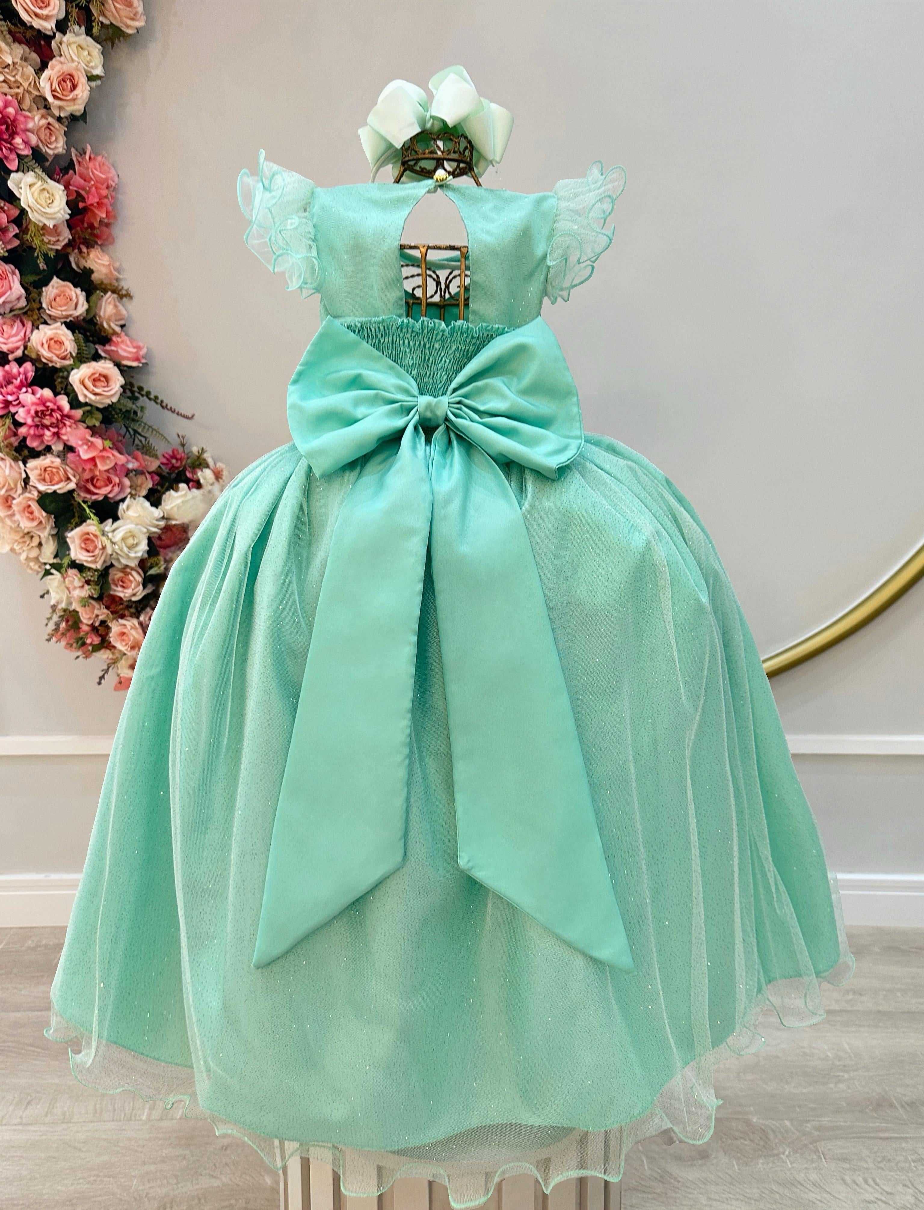 Vestido Infantil Longo Verde Daminhas de Honra C/ Glitter