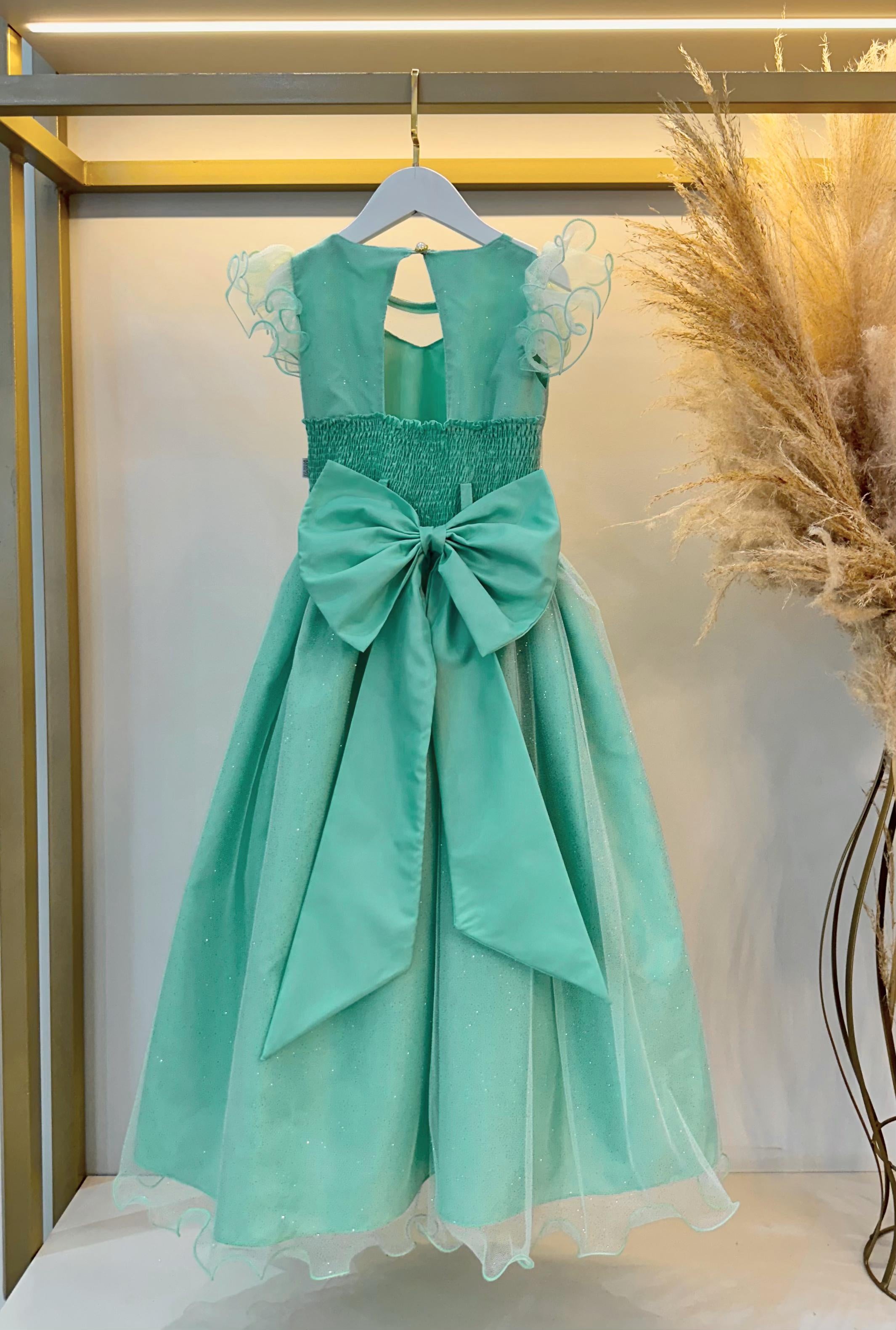 Vestido Infantil Longo Verde Daminhas de Honra C/ Glitter