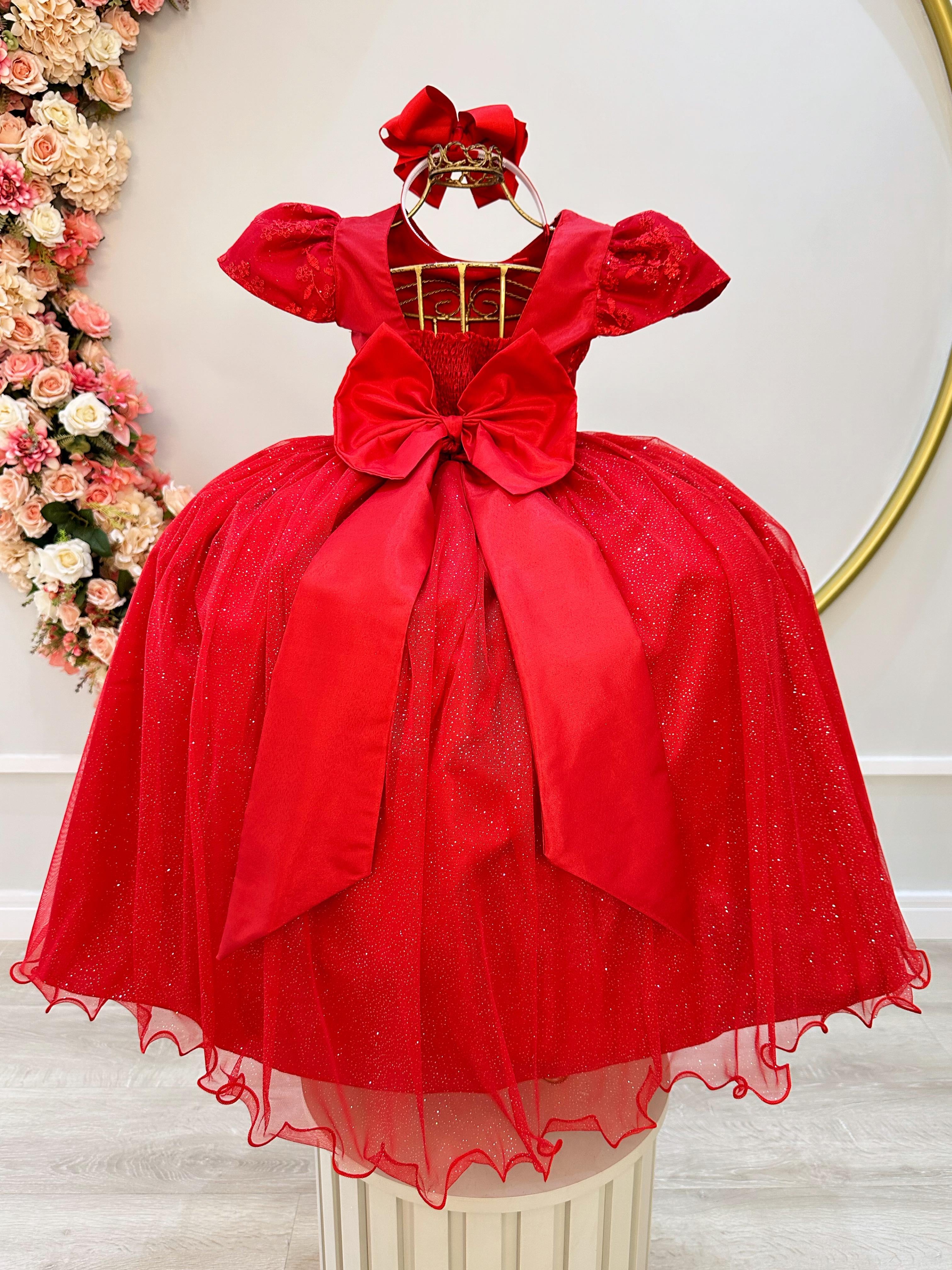 Vestido Infantil Longo Vermelho C/ Renda Daminhas de Honra