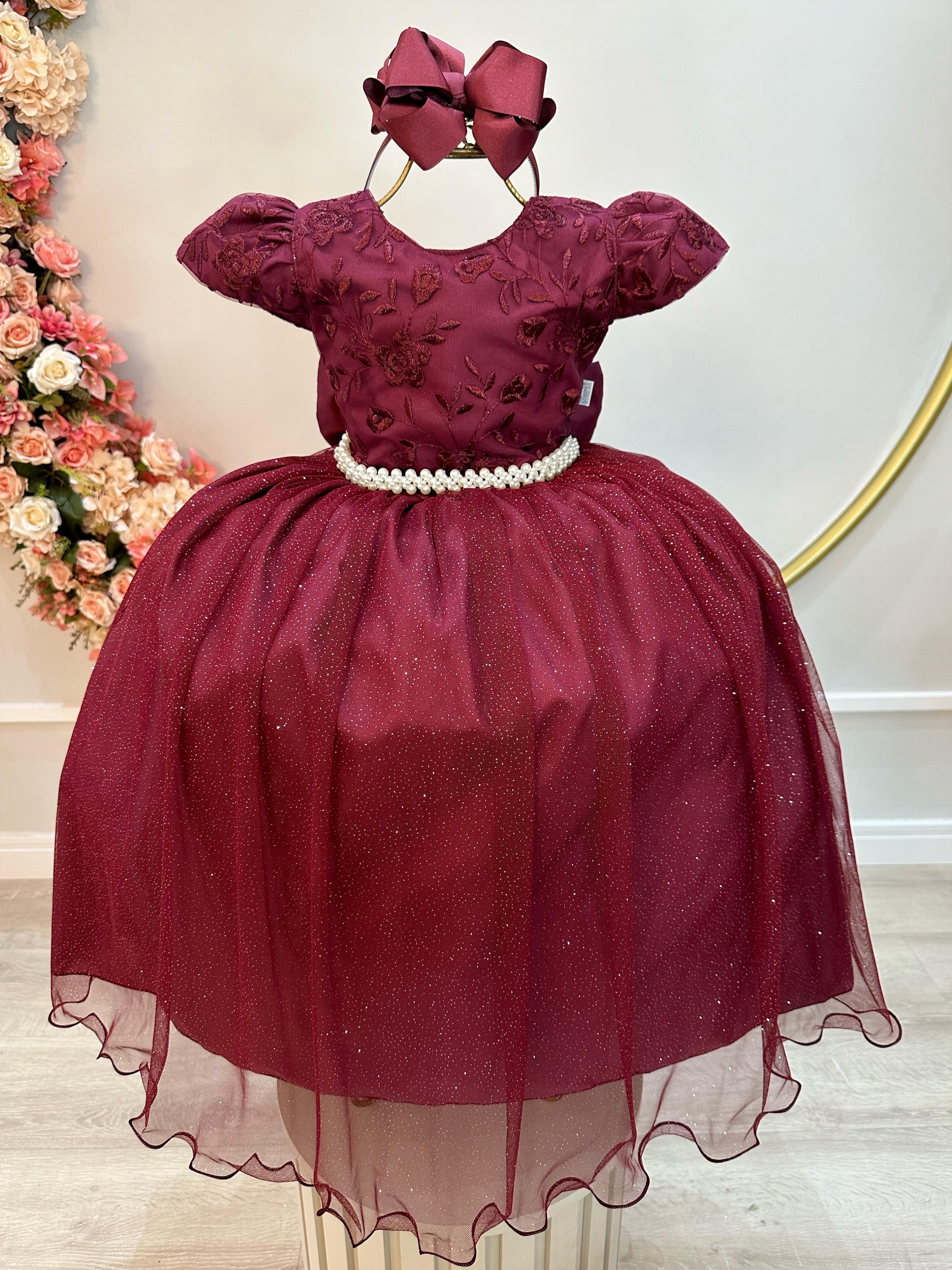 Vestido Infantil Marsala C/ Renda Daminhas de Honra Longo