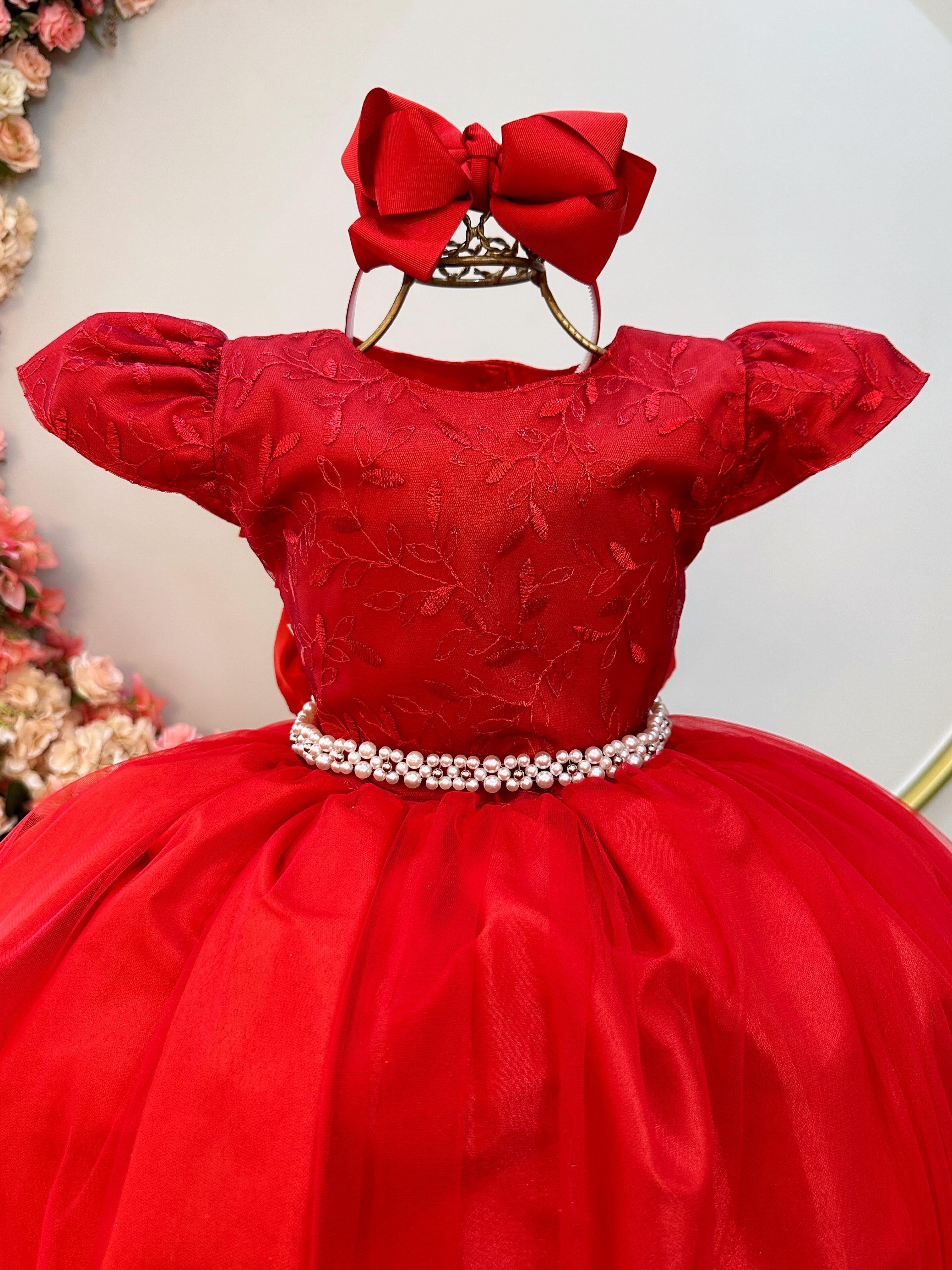 Vestido Infantil Vermelho Renda Damas Honra Casamentos Pérola