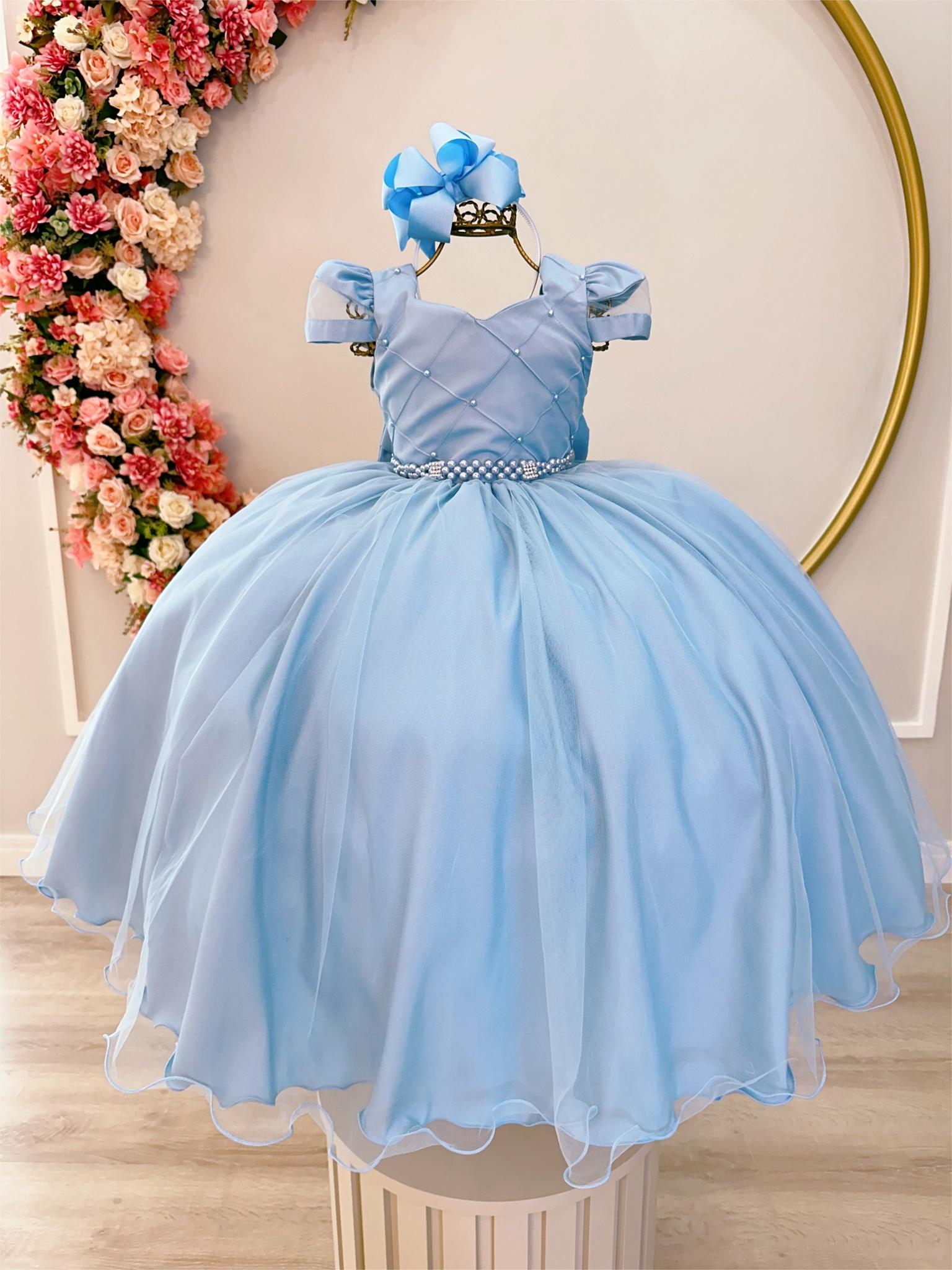 Vestido Infantil Azul Claro C/ Busto Nervura C/ Pérolas Damas