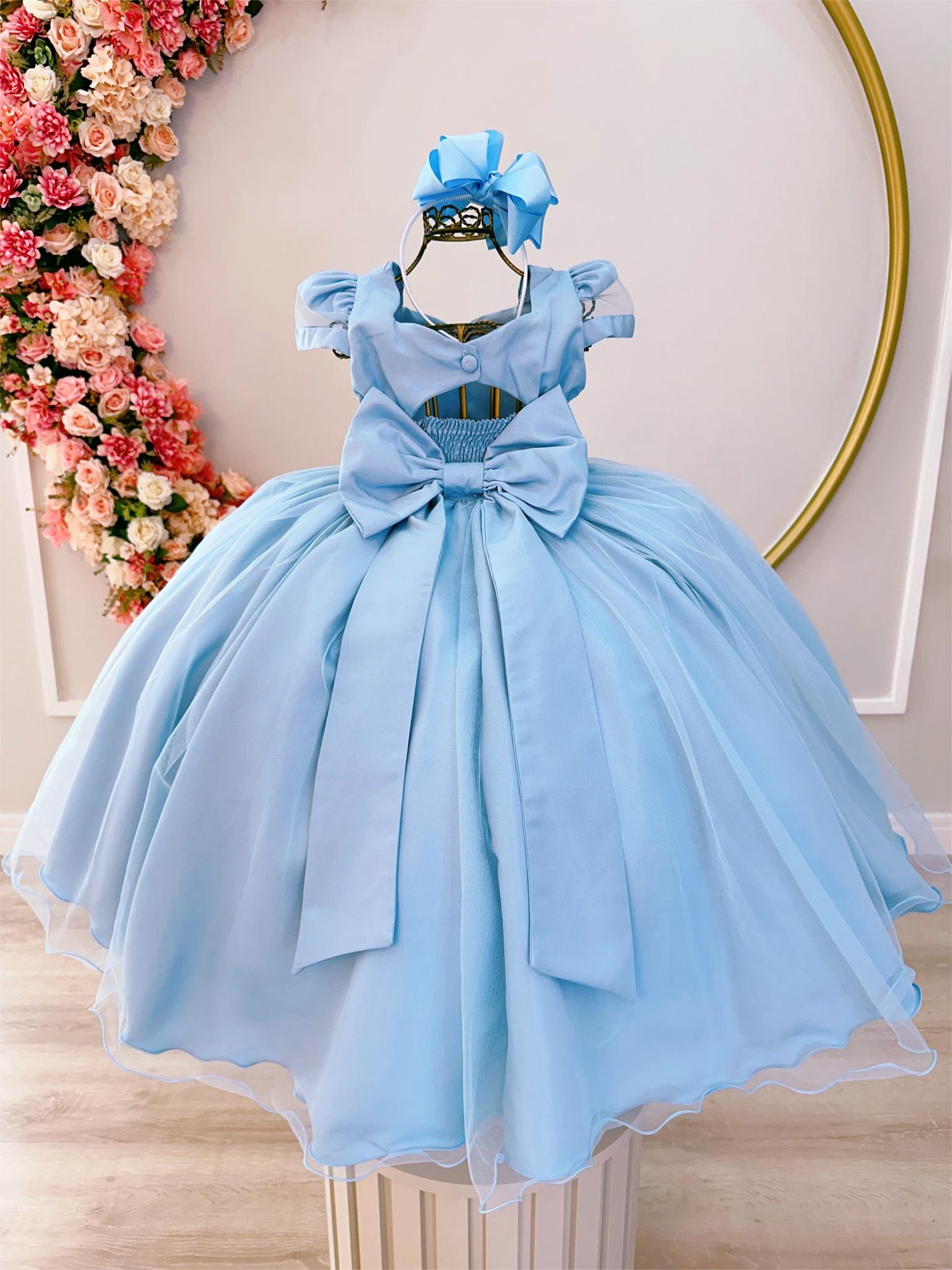 Vestido Infantil Azul Claro C/ Busto Nervura C/ Pérolas Damas