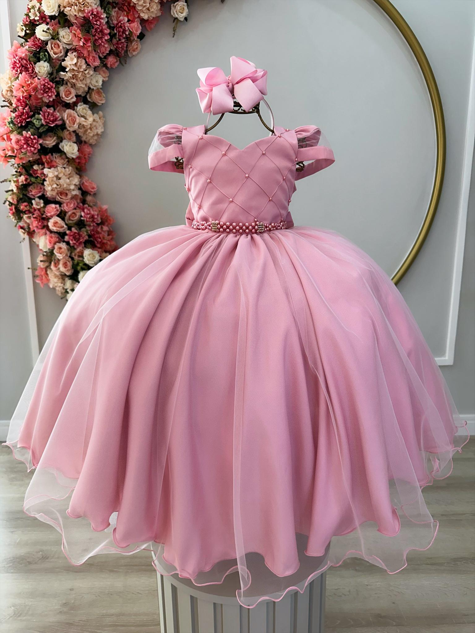 Vestido Infantil Rose C/ Busto Nervura Cinto Pérolas Damas