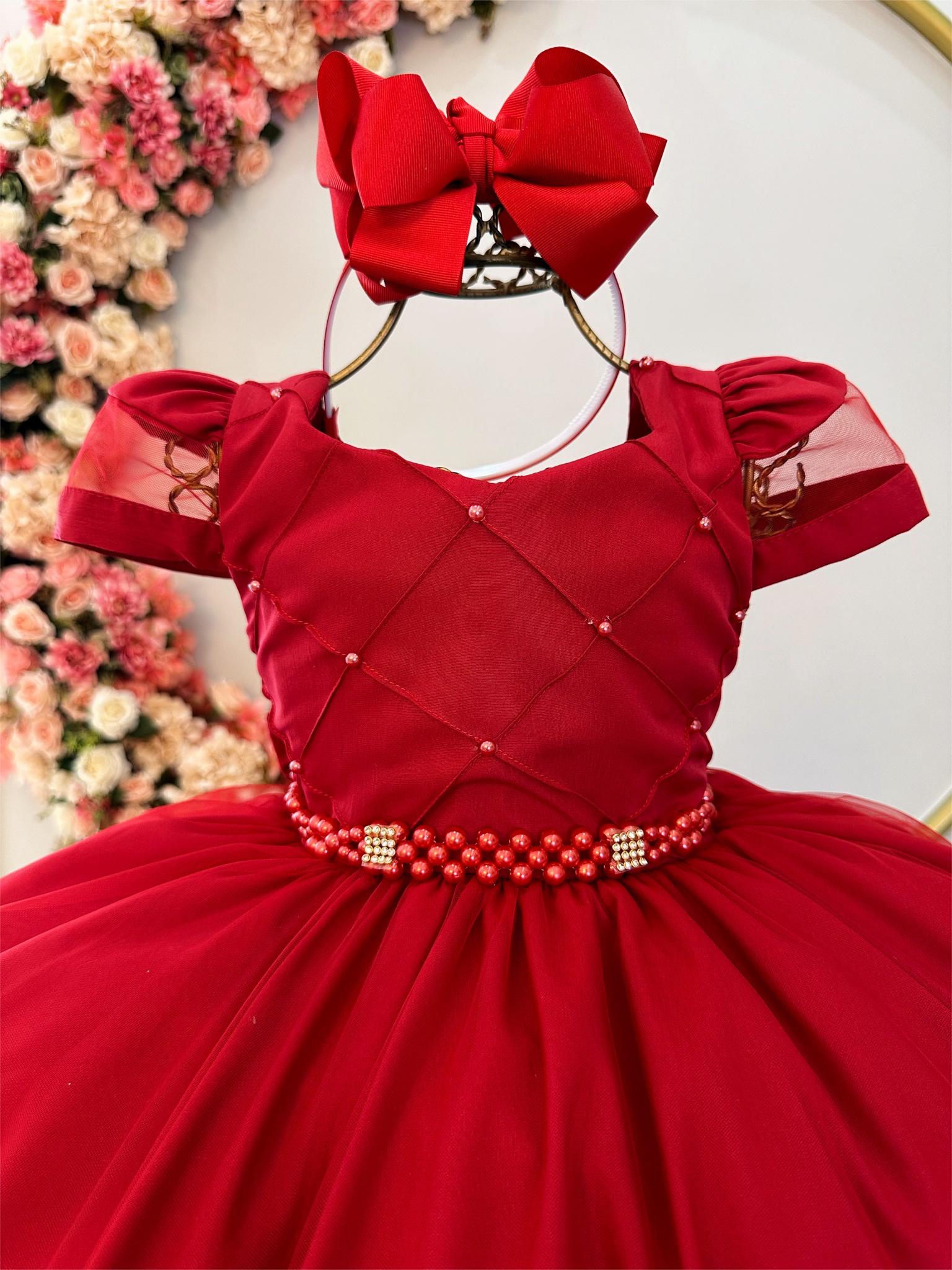 Vestido Infantil Vermelho C/ Busto Nervura C/ Pérolas Damas