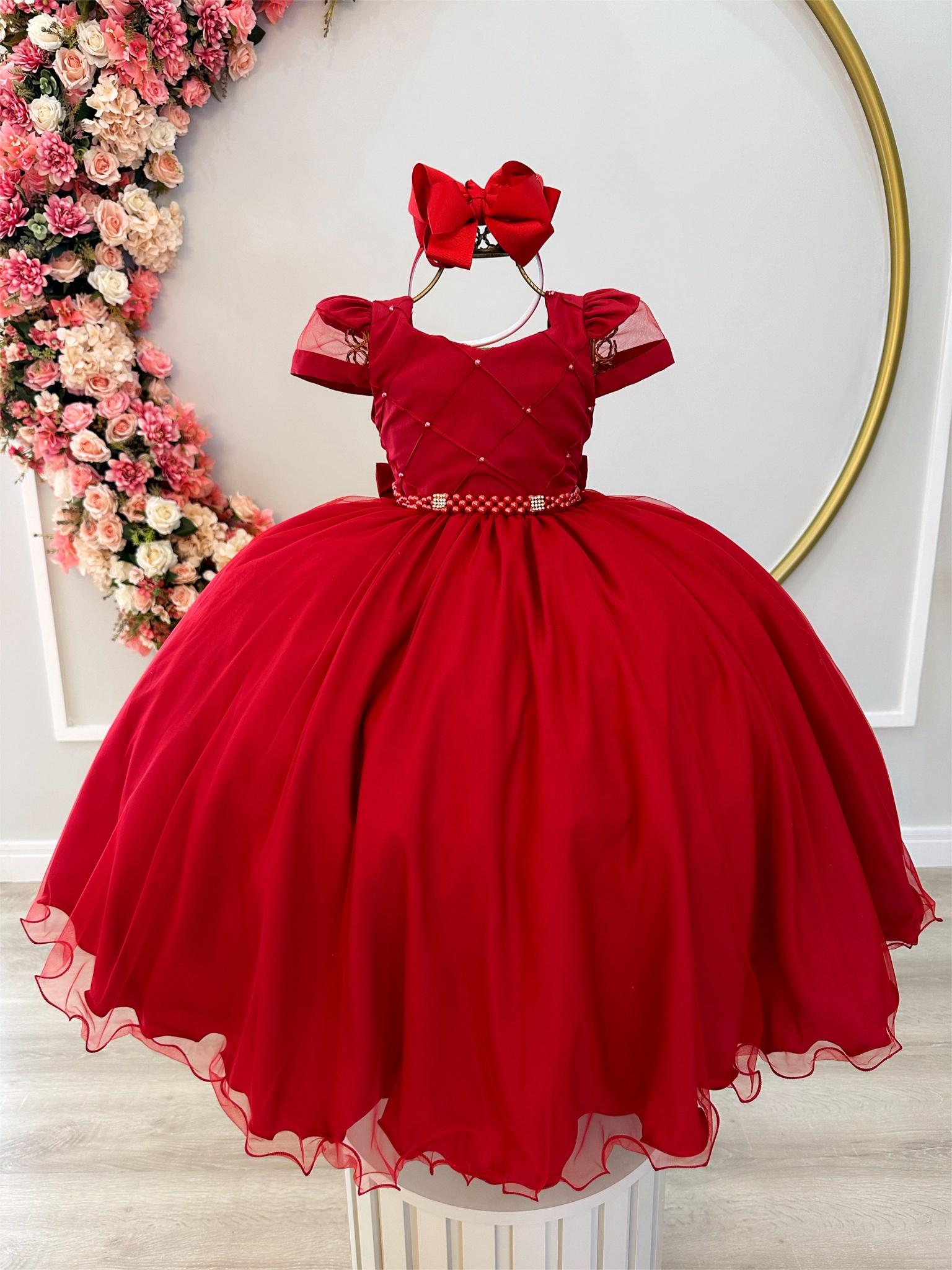 Vestido Infantil Vermelho C/ Busto Nervura C/ Pérolas Damas