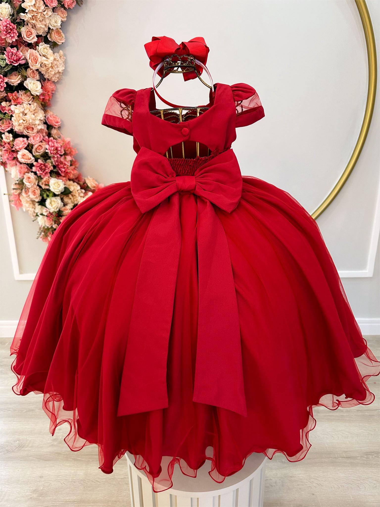 Vestido Infantil Vermelho C/ Busto Nervura C/ Pérolas Damas