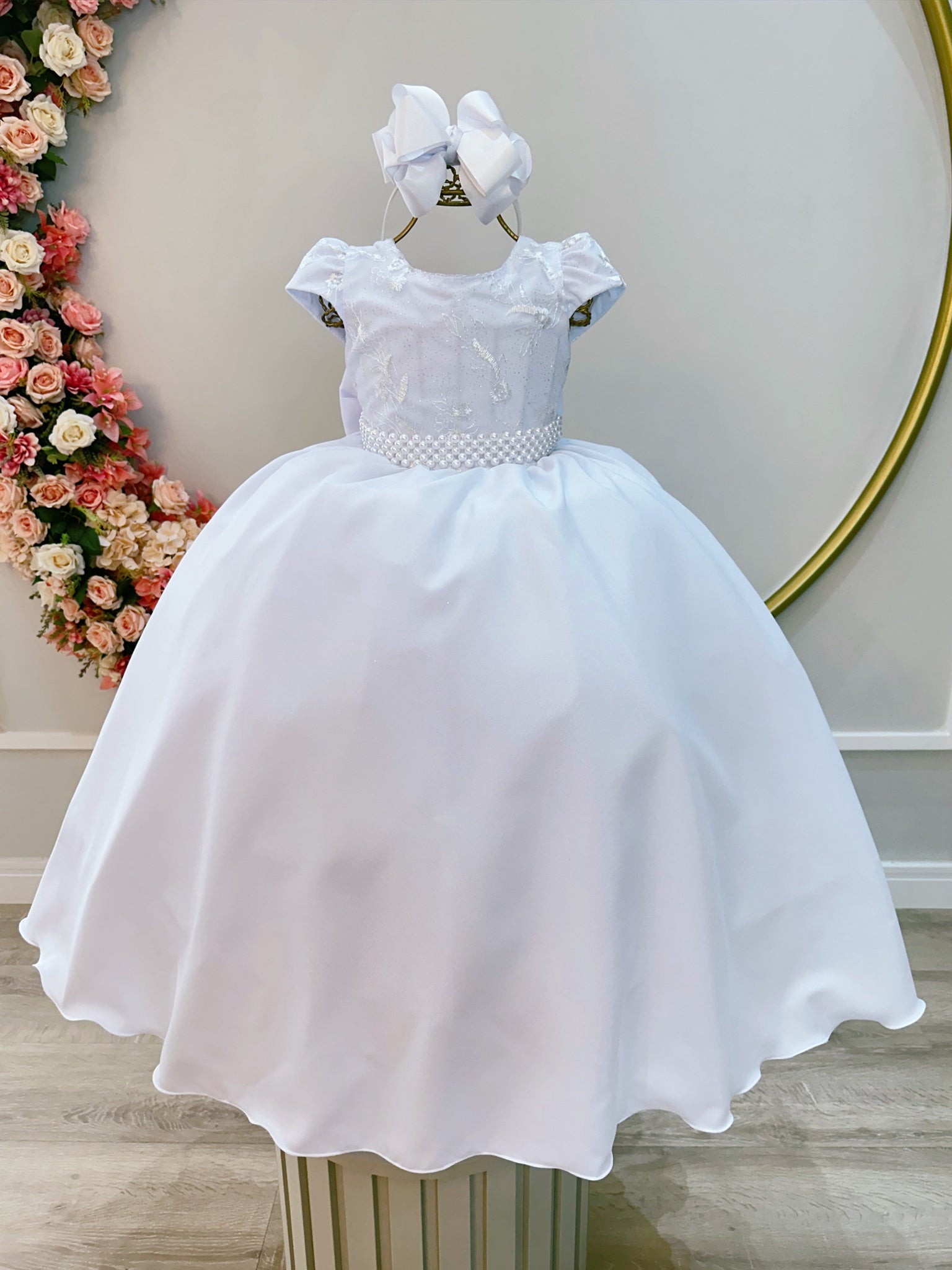 Vestido Infantil Longo Branco Busto C/ Renda Casamentos Luxo