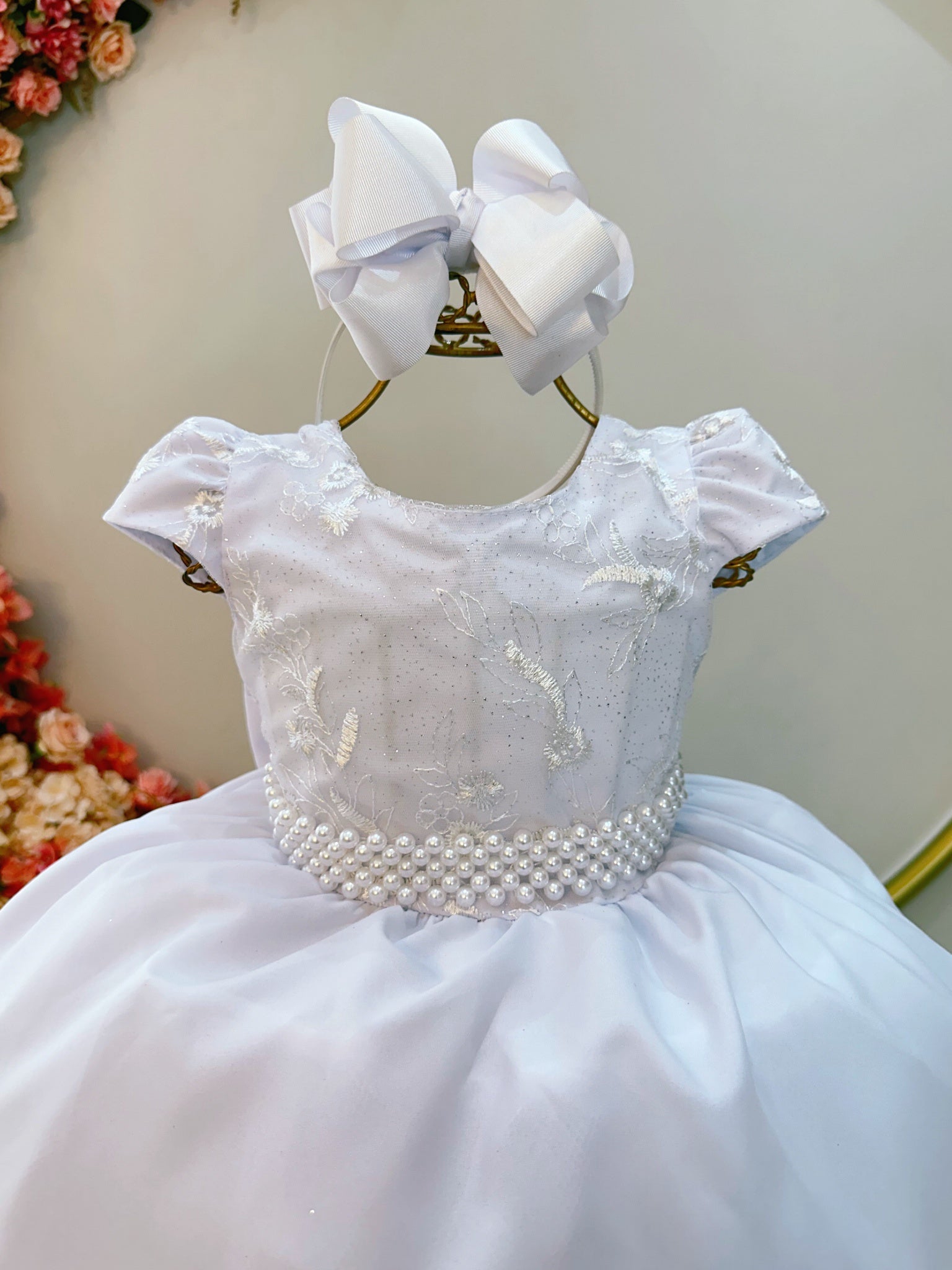 Vestido Infantil Longo Branco Busto C/ Renda Casamentos Luxo