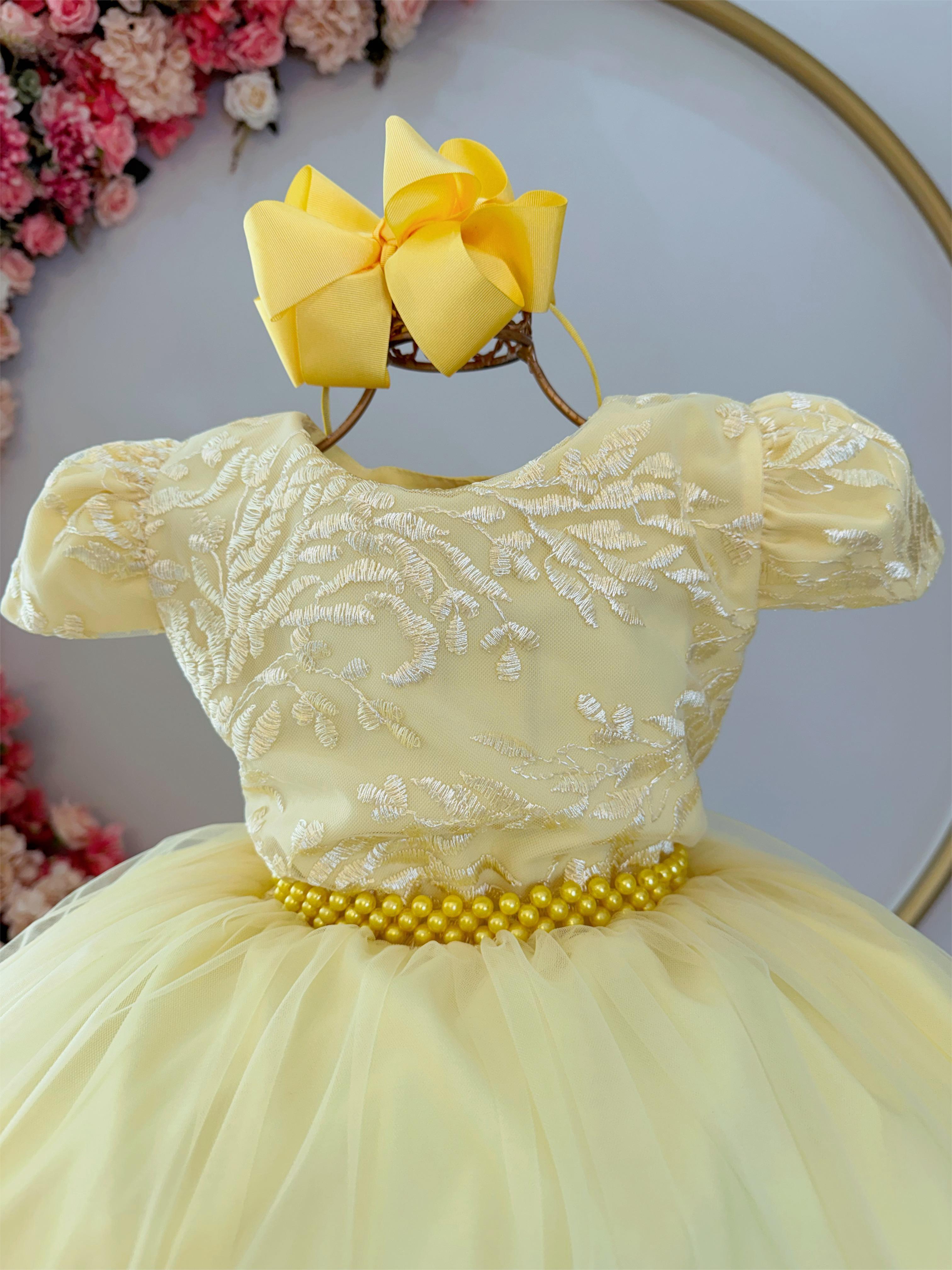 Vestido Infantil Amarelo Damas Luxo C/ Renda e Pérolas
