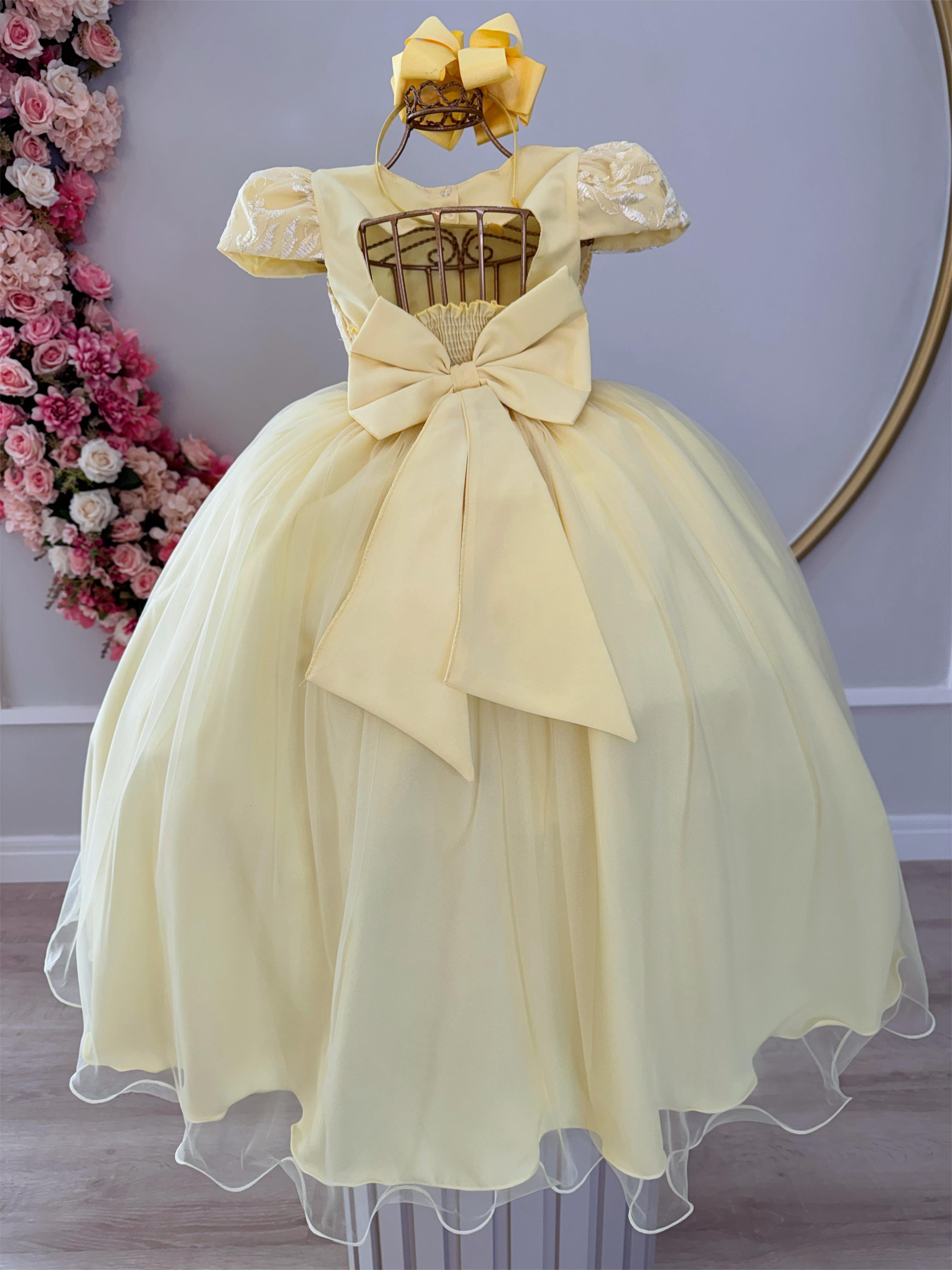 Vestido Infantil Amarelo Damas Luxo C/ Renda e Pérolas