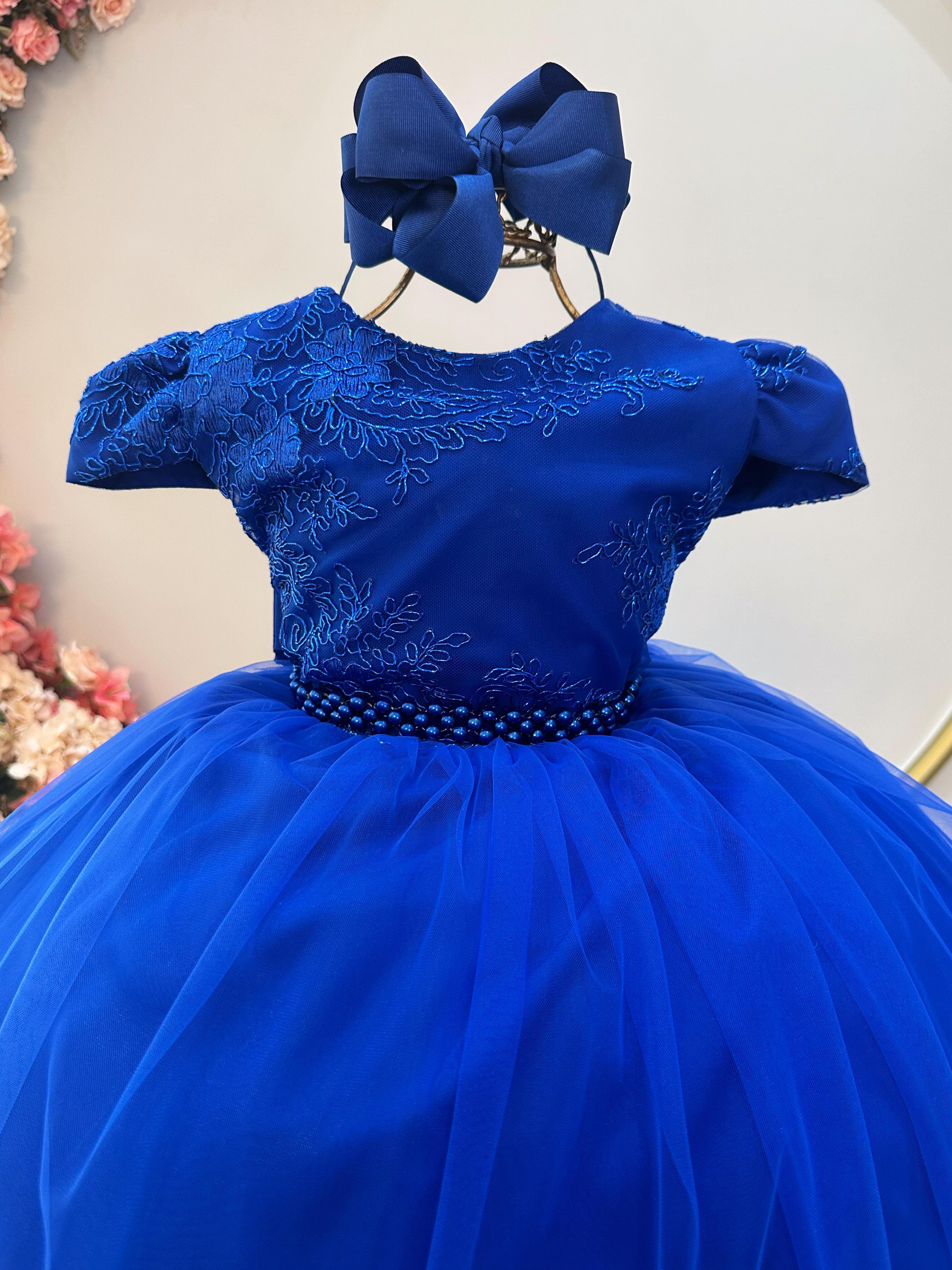 Vestido Infantil Azul Royal Damas Luxo C/ Renda Metalizada