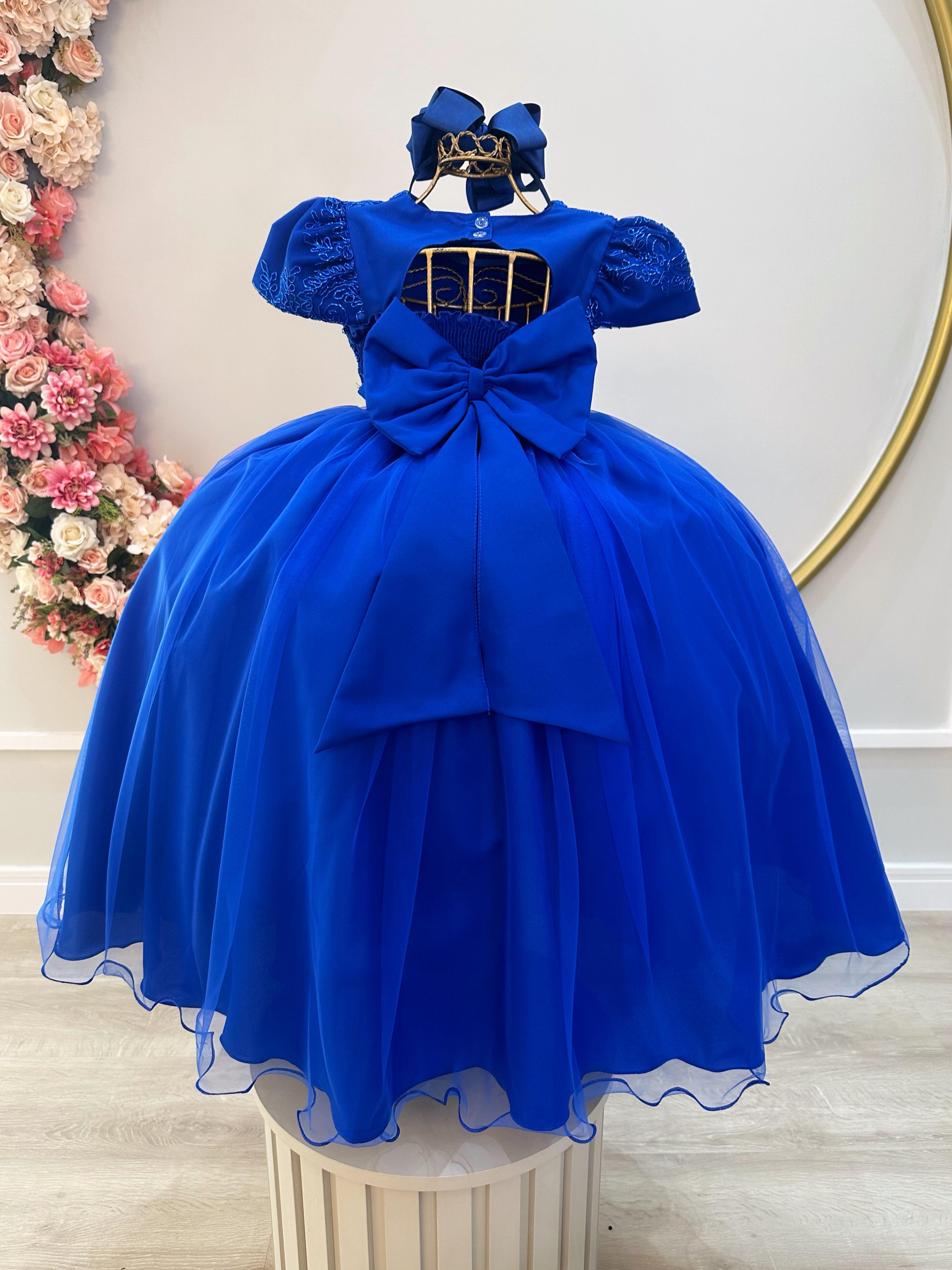 Vestido Infantil Azul Royal Damas Luxo C/ Renda Metalizada