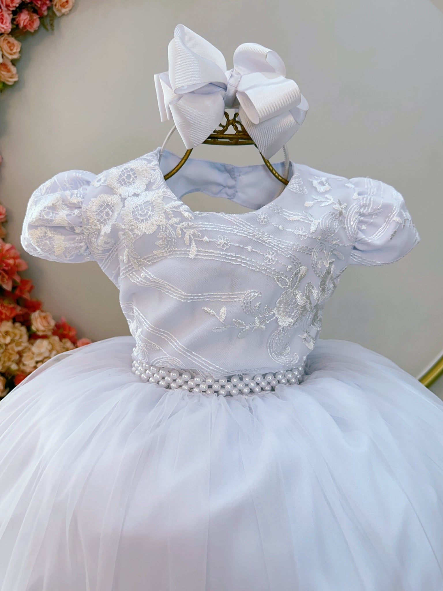 Vestido Infantil Branco Busto C/ Renda Luxo Casamento Festas