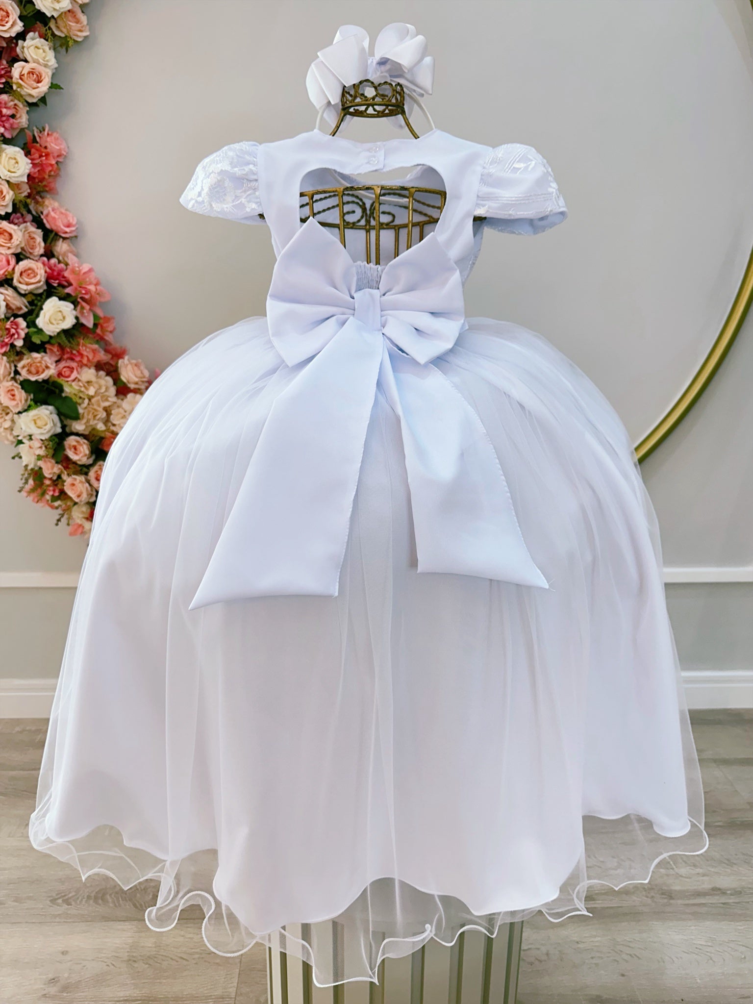 Vestido Infantil Branco Busto C/ Renda Luxo Casamento Festas