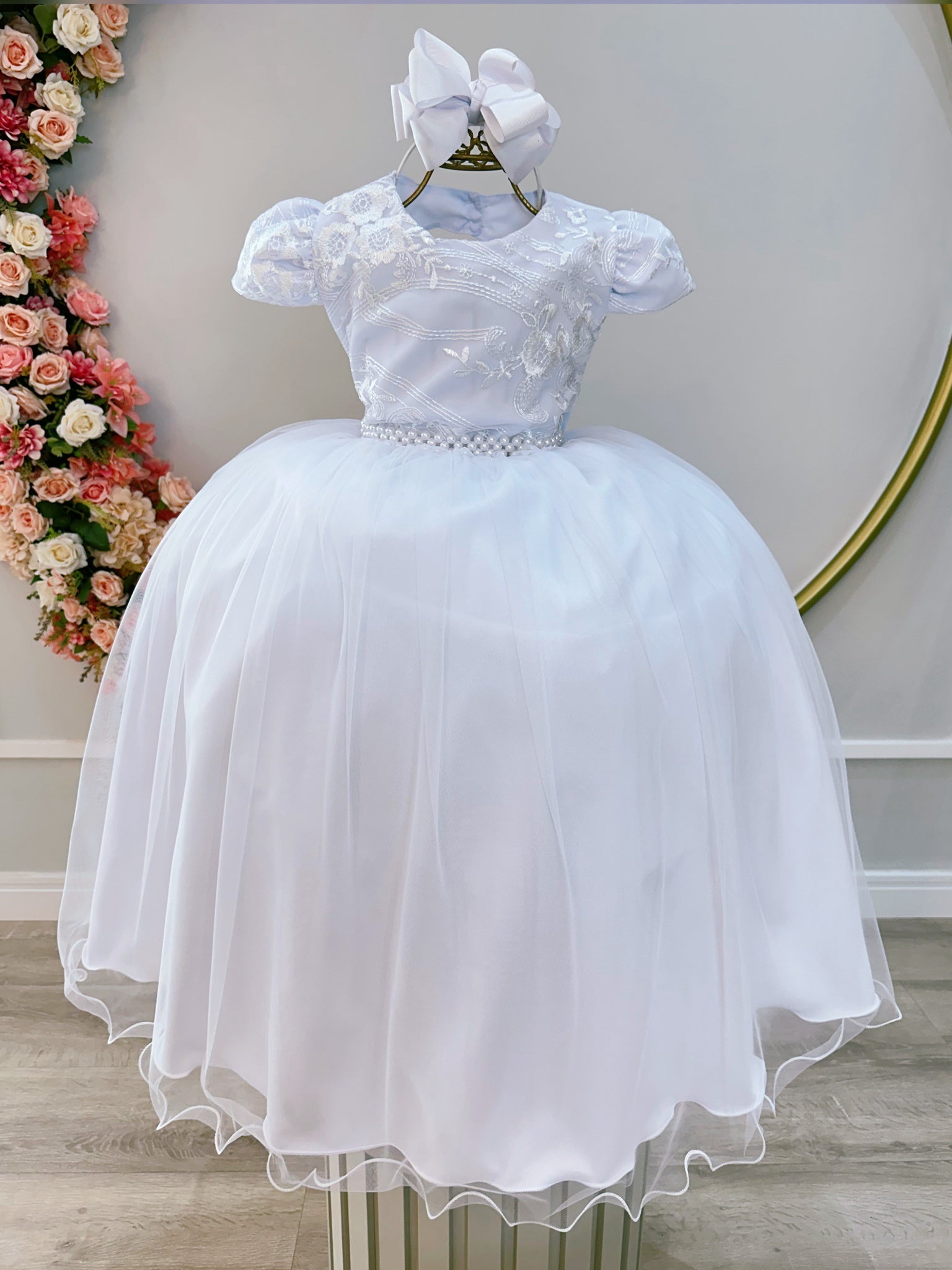 Vestido Infantil Branco Busto C/ Renda Luxo Casamento Festas