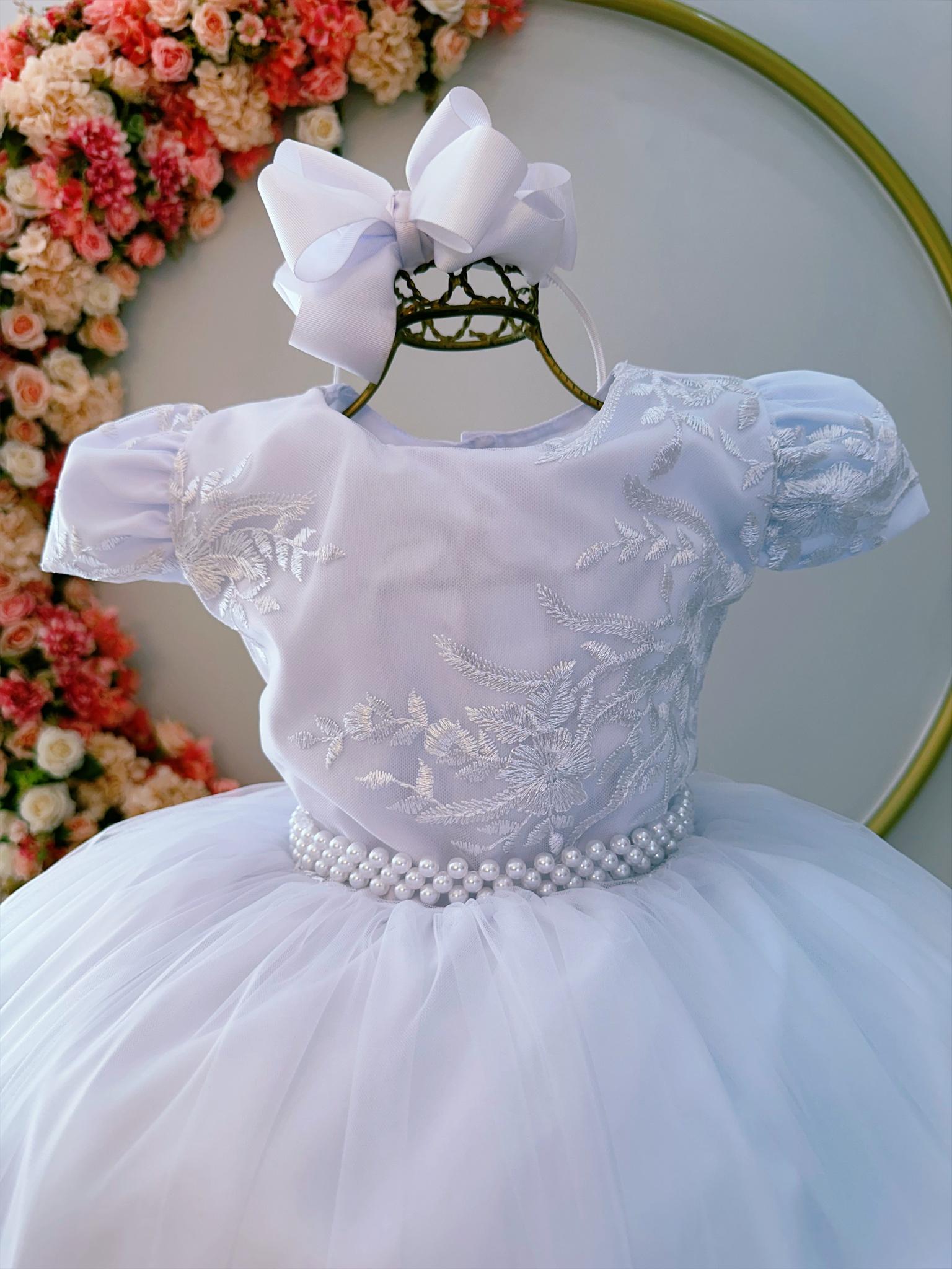 Vestido Infantil Branco Damas C/ Renda e Cinto de Pérolas