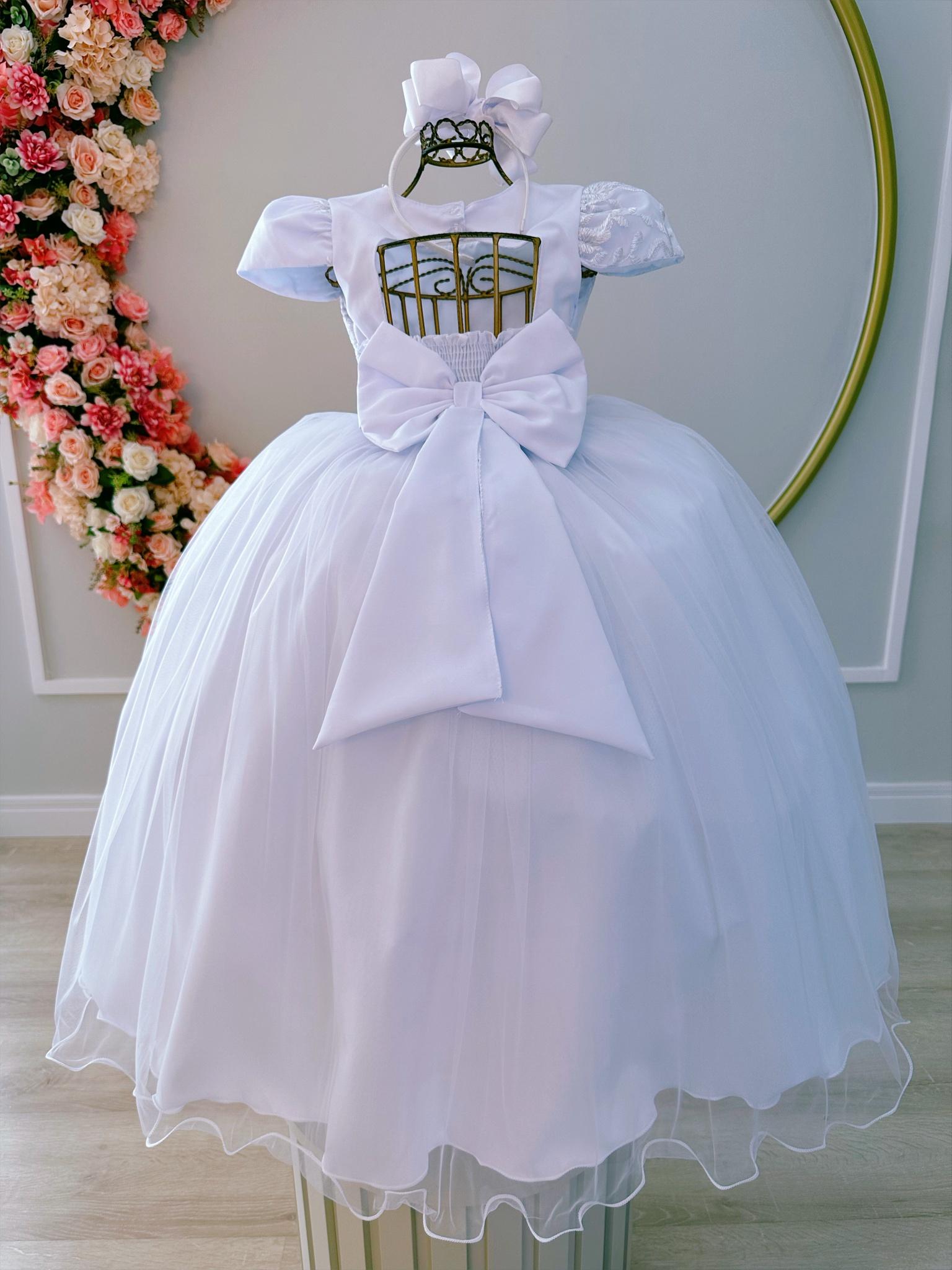 Vestido Infantil Branco Damas C/ Renda e Cinto de Pérolas