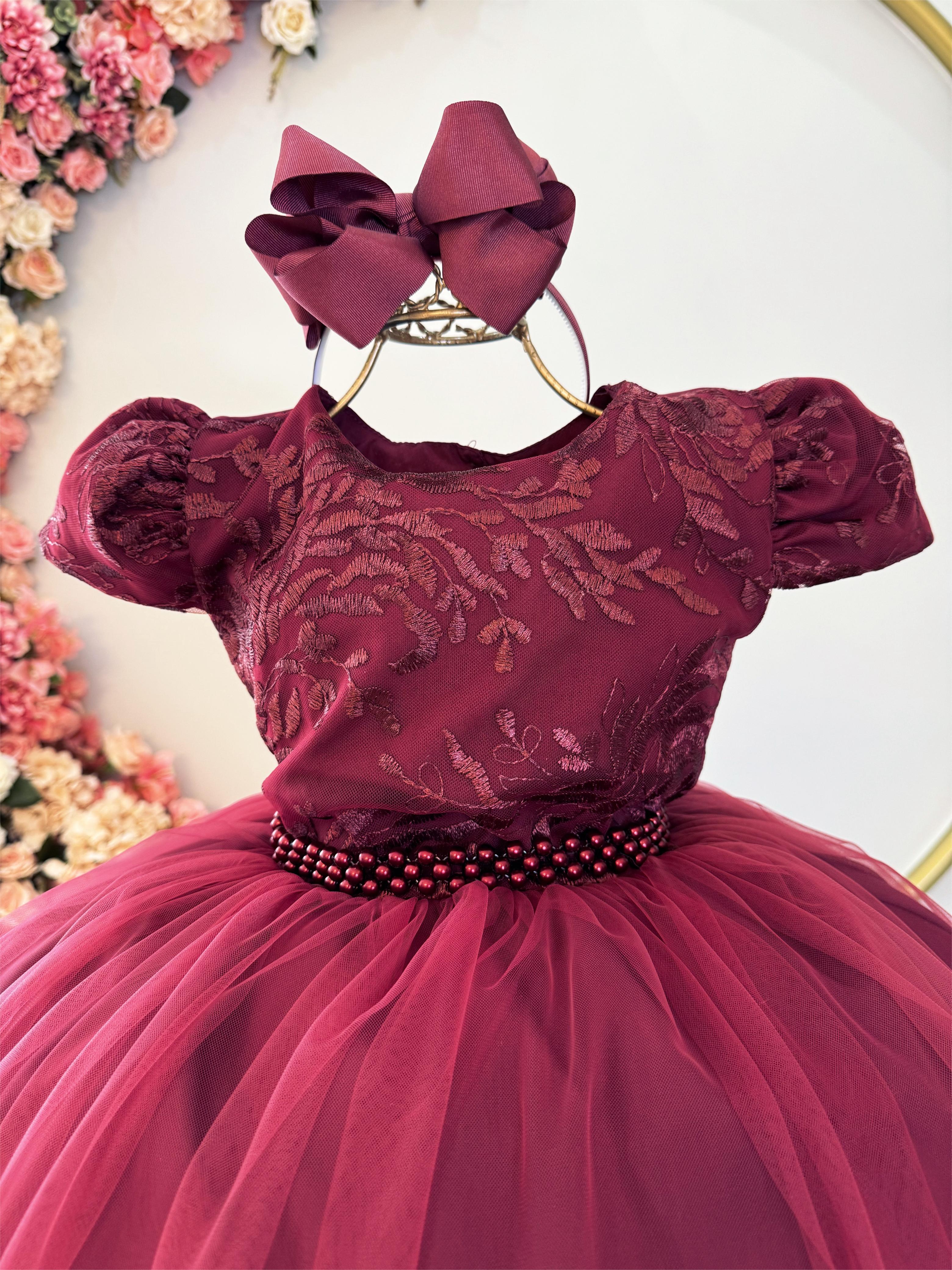 Vestido Infantil Marsala Damas Luxo C/ Renda e Pérolas