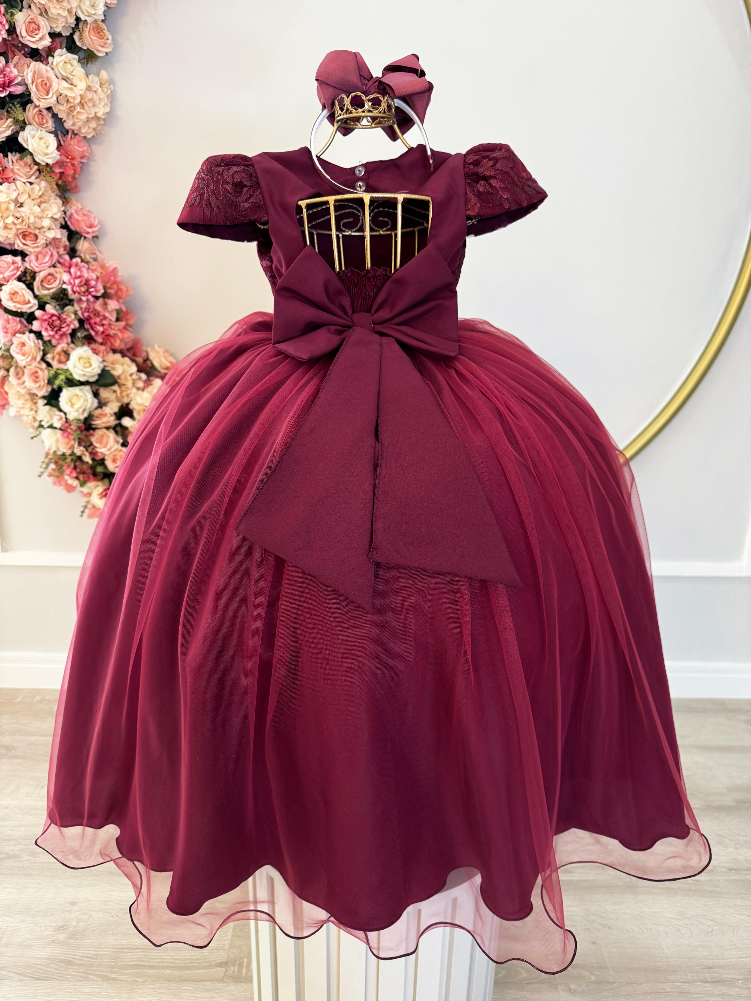 Vestido Infantil Marsala Damas Luxo C/ Renda e Pérolas