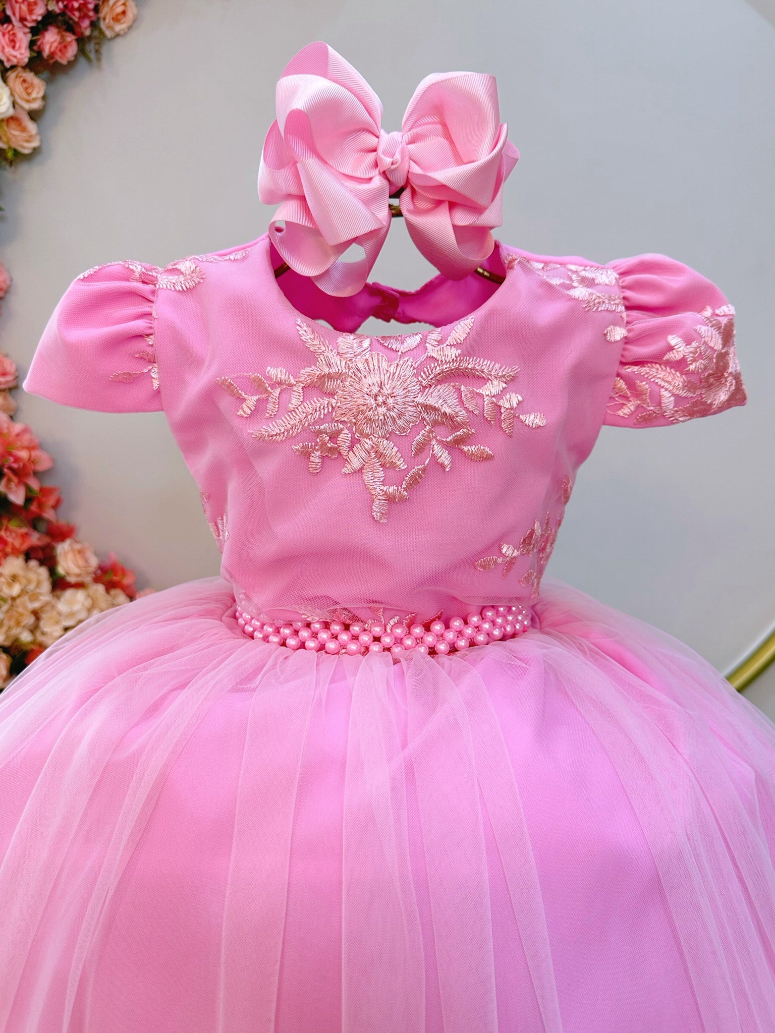 Vestido Infantil Rosa Busto C/ Renda Luxo Casamento Festas