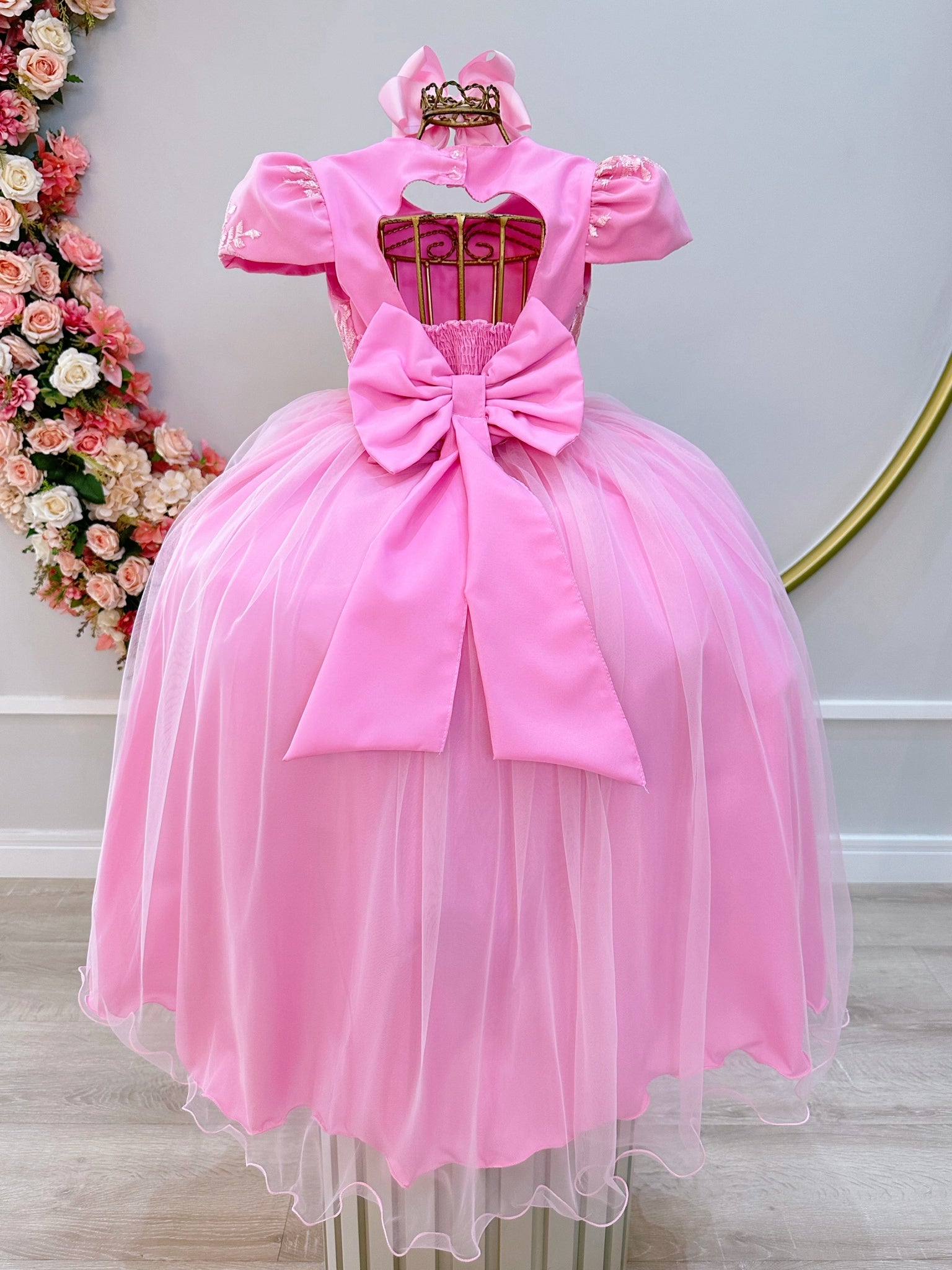 Vestido Infantil Rosa Busto C/ Renda Luxo Casamento Festas