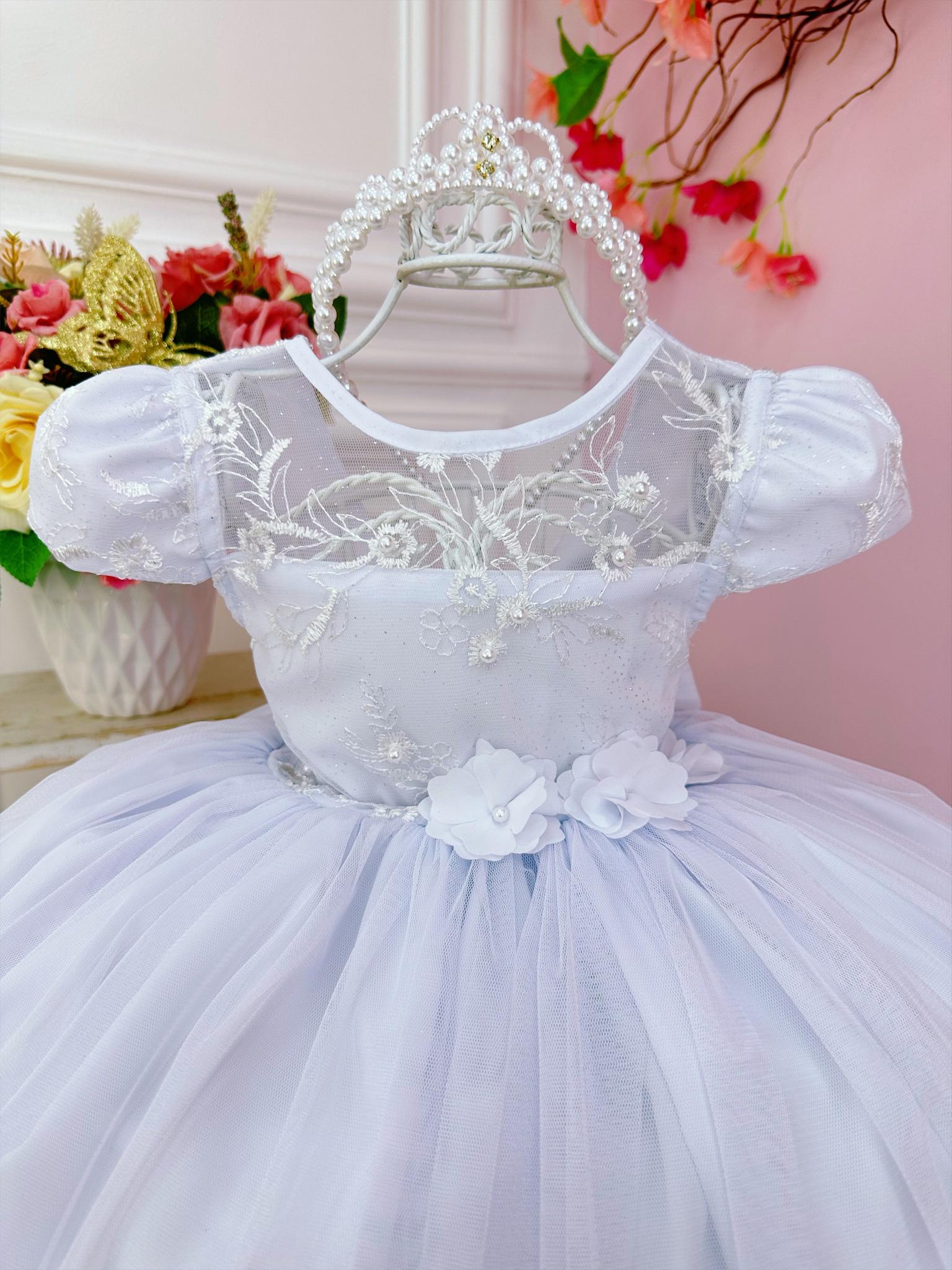 Vestido Infantil Branco Damas C/ Renda e Aplique de Flores
