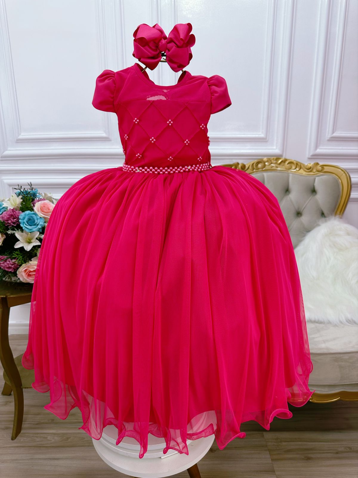 Vestido Infantil Pink Com Busto Nervura e Pérolas Damas