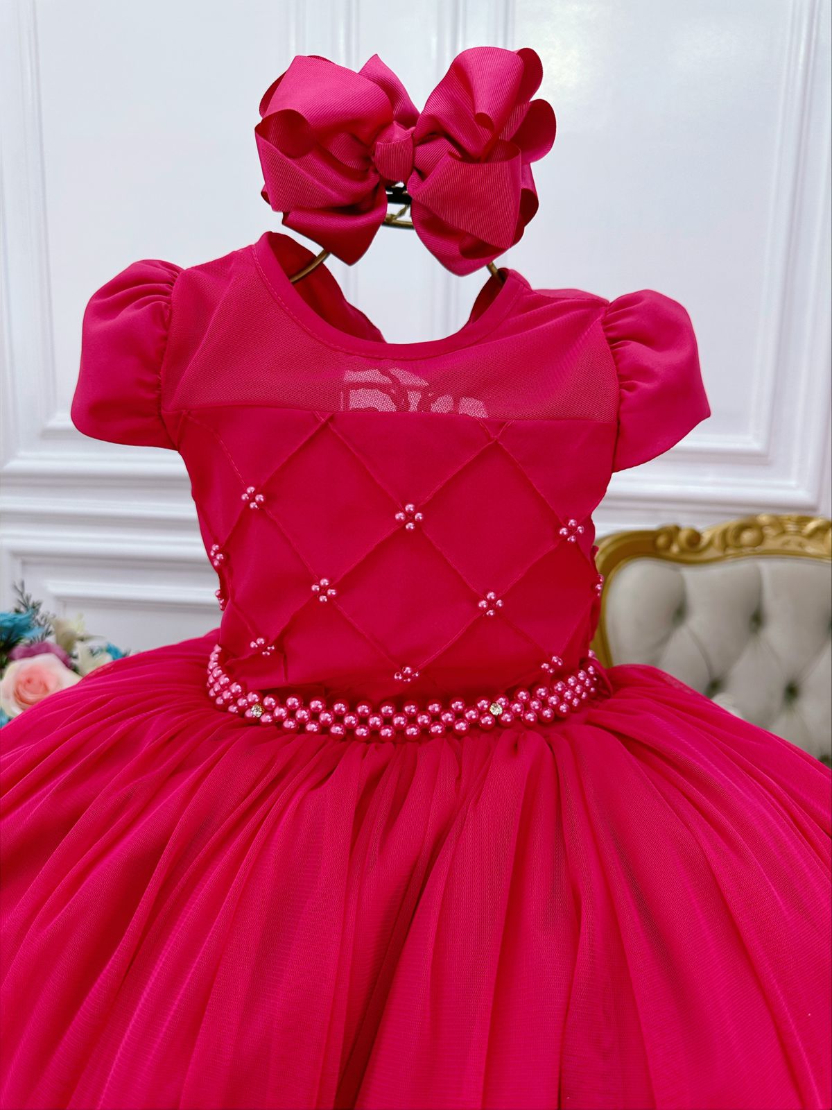Vestido Infantil Pink Com Busto Nervura e Pérolas Damas
