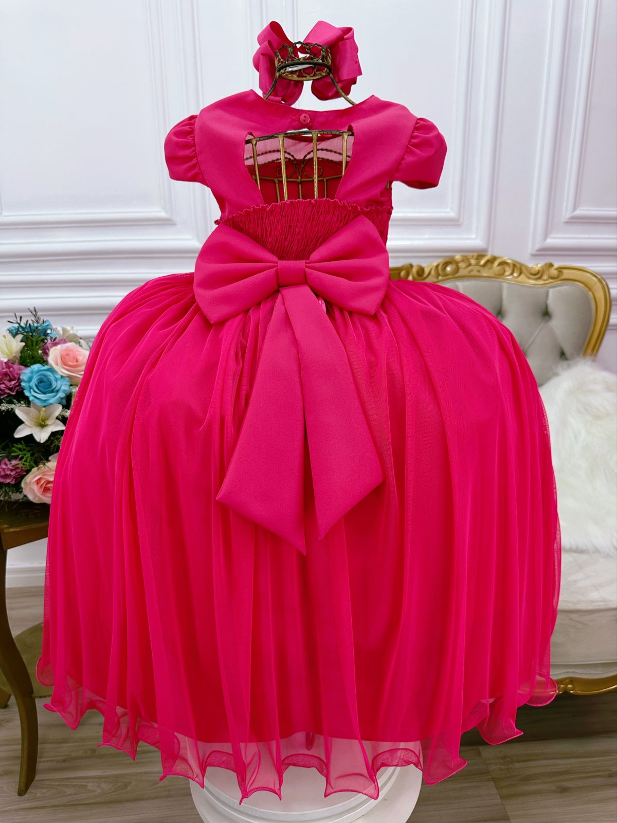 Vestido Infantil Pink Com Busto Nervura e Pérolas Damas