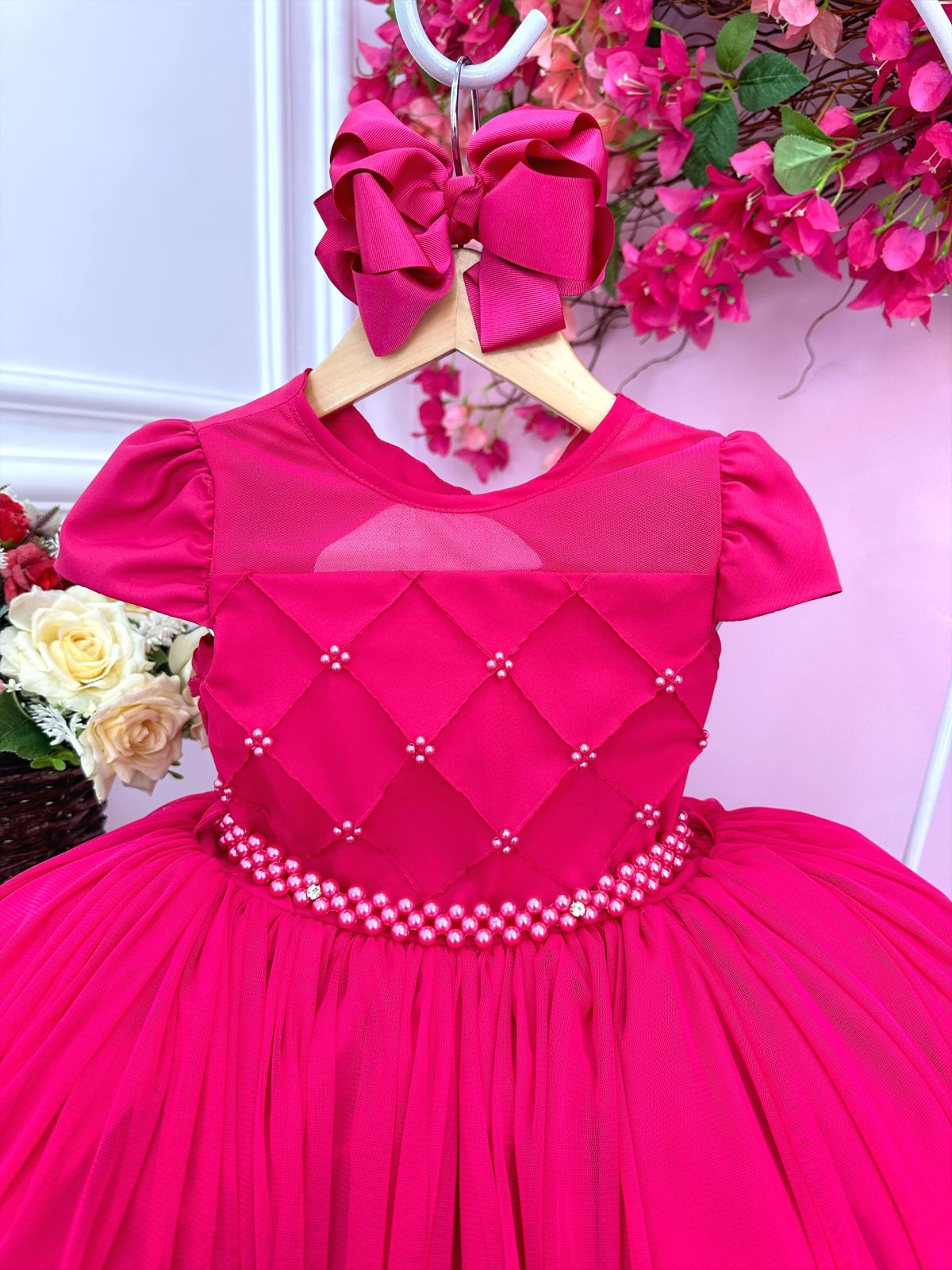 Vestido Infantil Pink Com Busto Nervura e Pérolas Damas