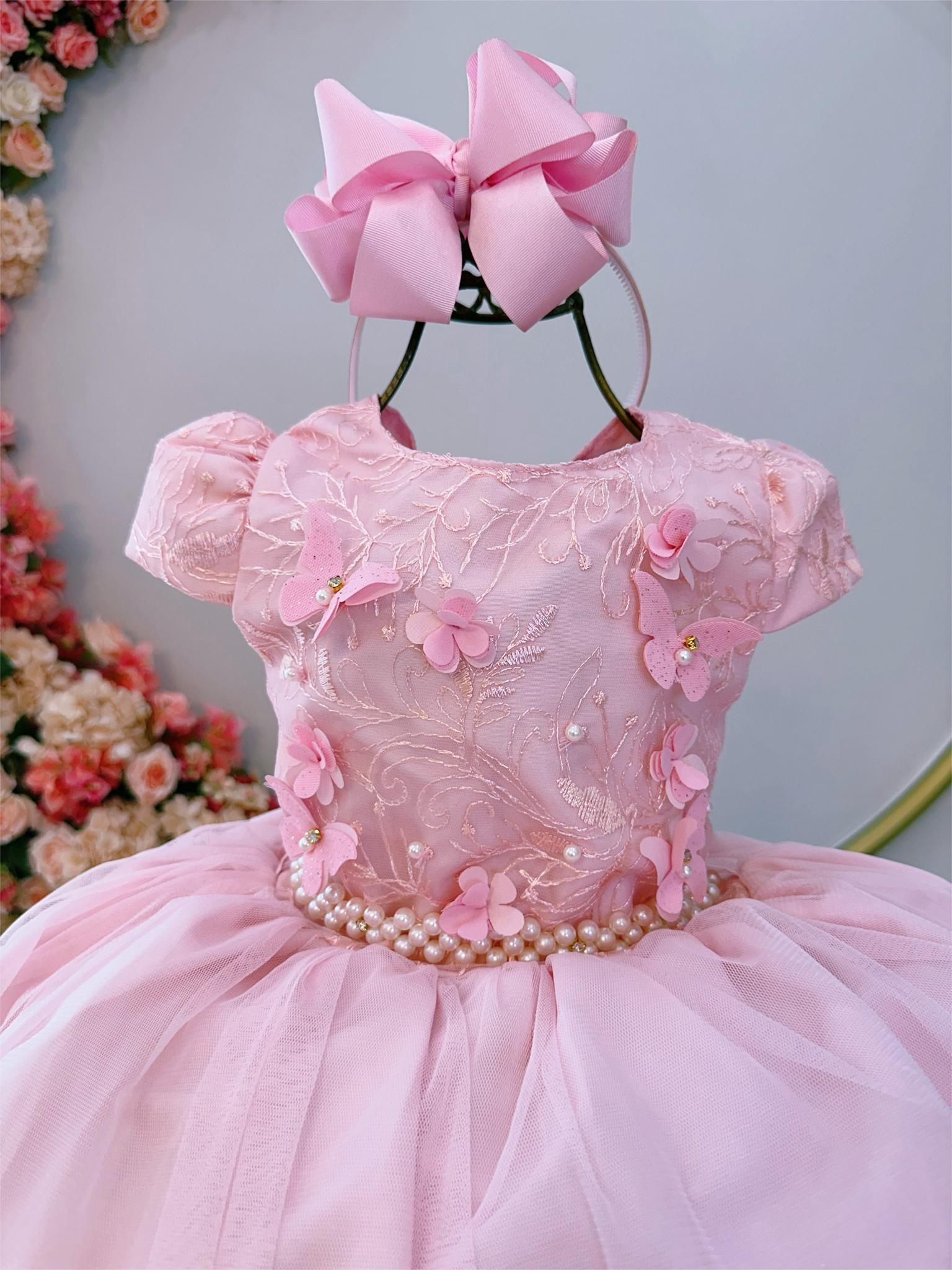 Vestido Infantil Rosa Damas C/ Renda e Aplique Borboletas
