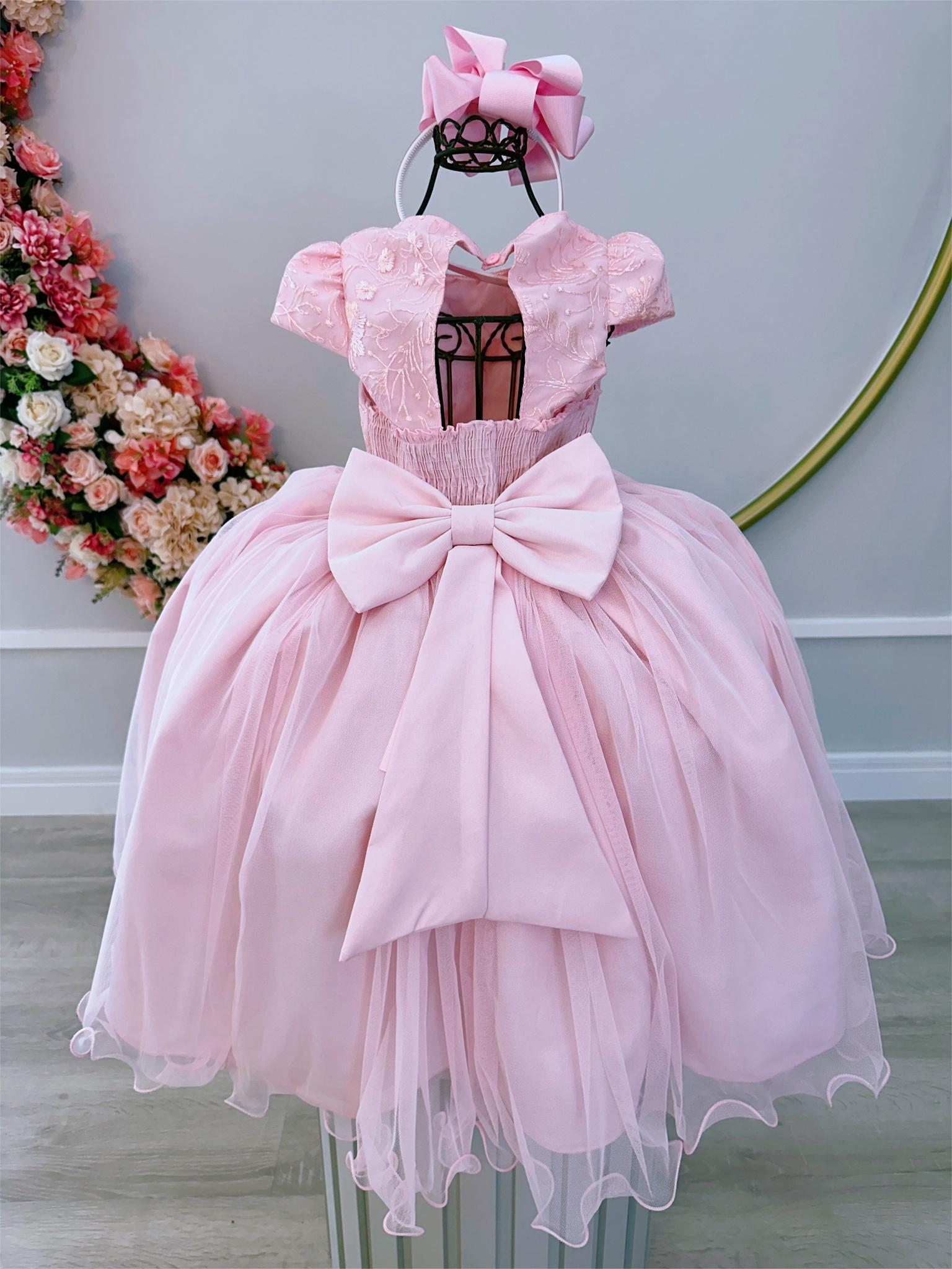 Vestido Infantil Rosa Damas C/ Renda e Aplique Borboletas