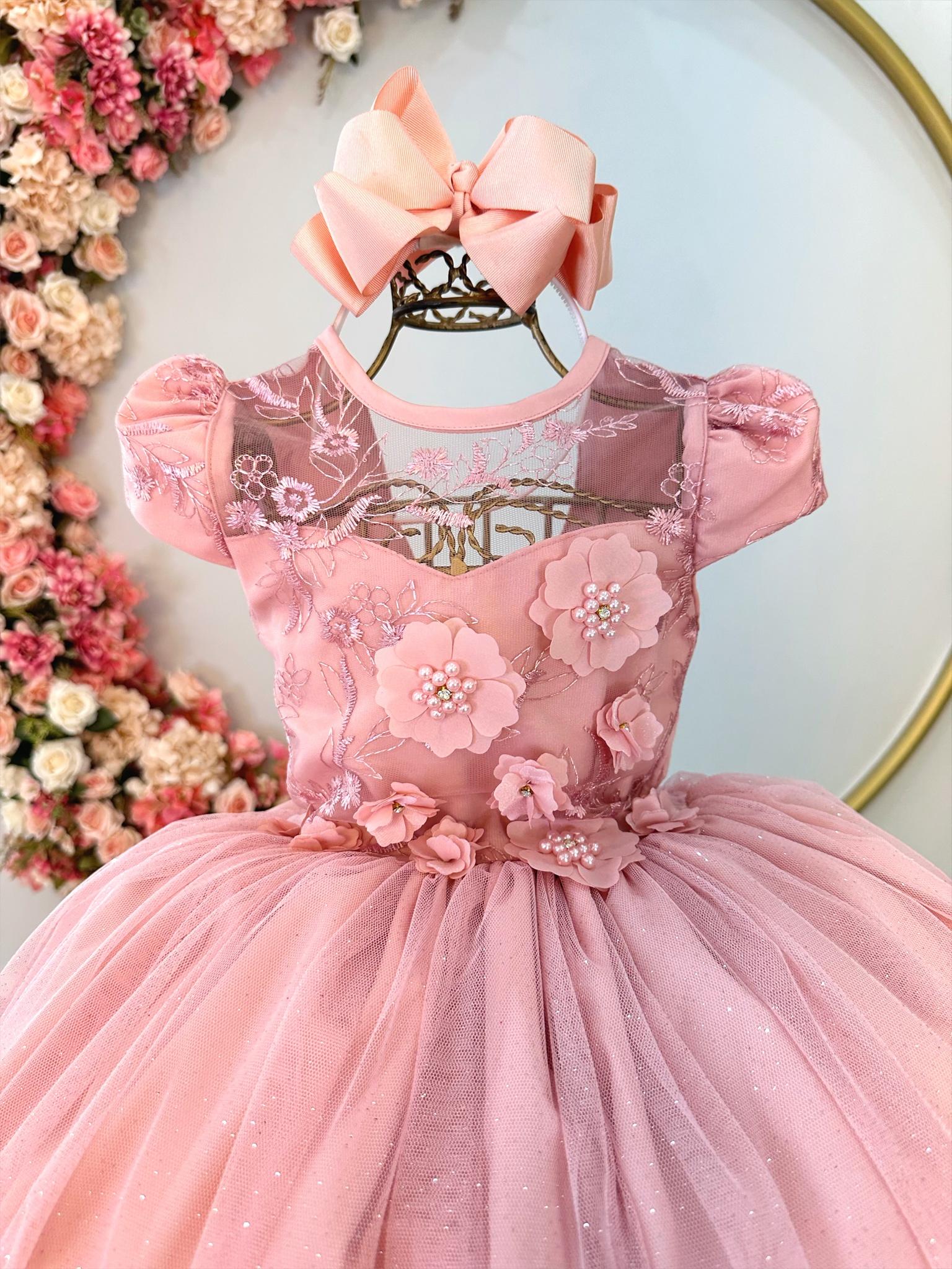 Vestido Infantil Rose C/ Aplique Flores e Renda Luxo Damas