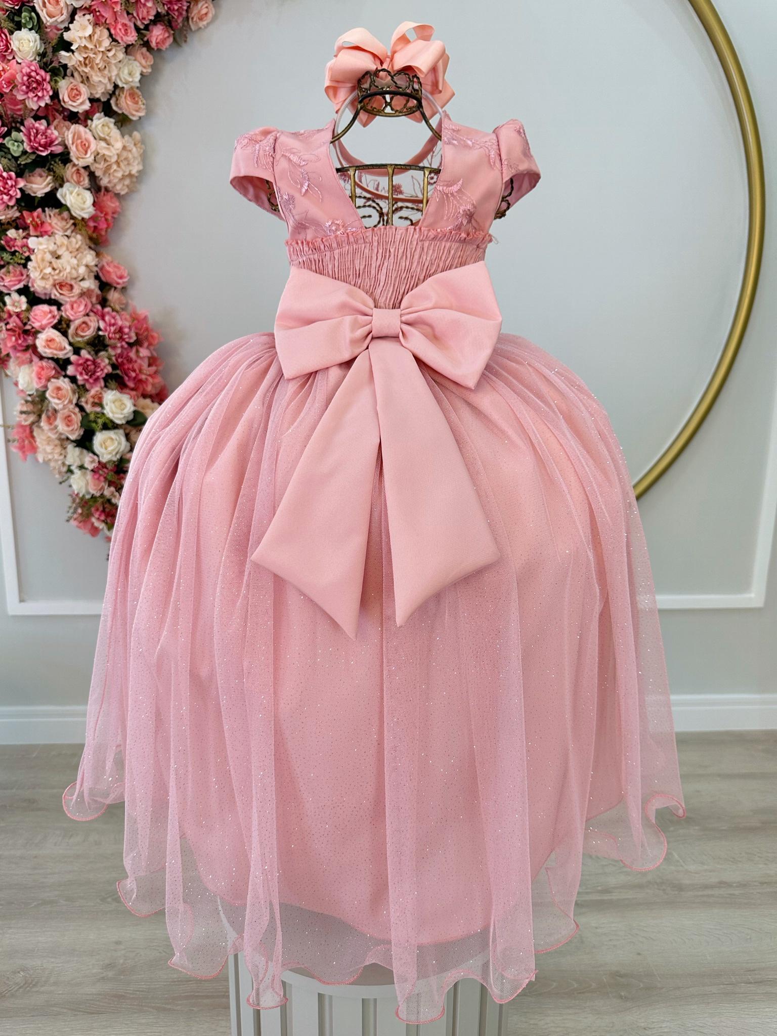Vestido Infantil Rose C/ Aplique Flores e Renda Luxo Damas