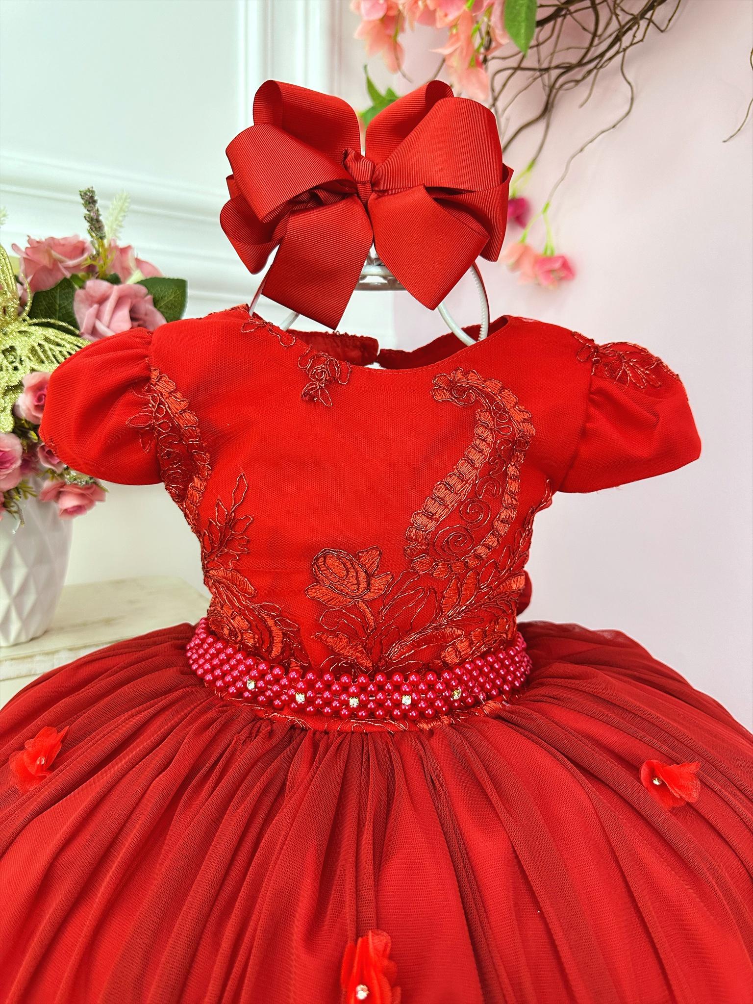 Vestido Infantil Vermelho Com Renda Pérolas Luxo Damas