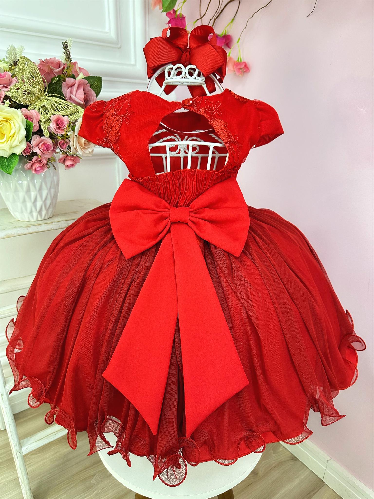 Vestido Infantil Vermelho Com Renda Pérolas Luxo Damas