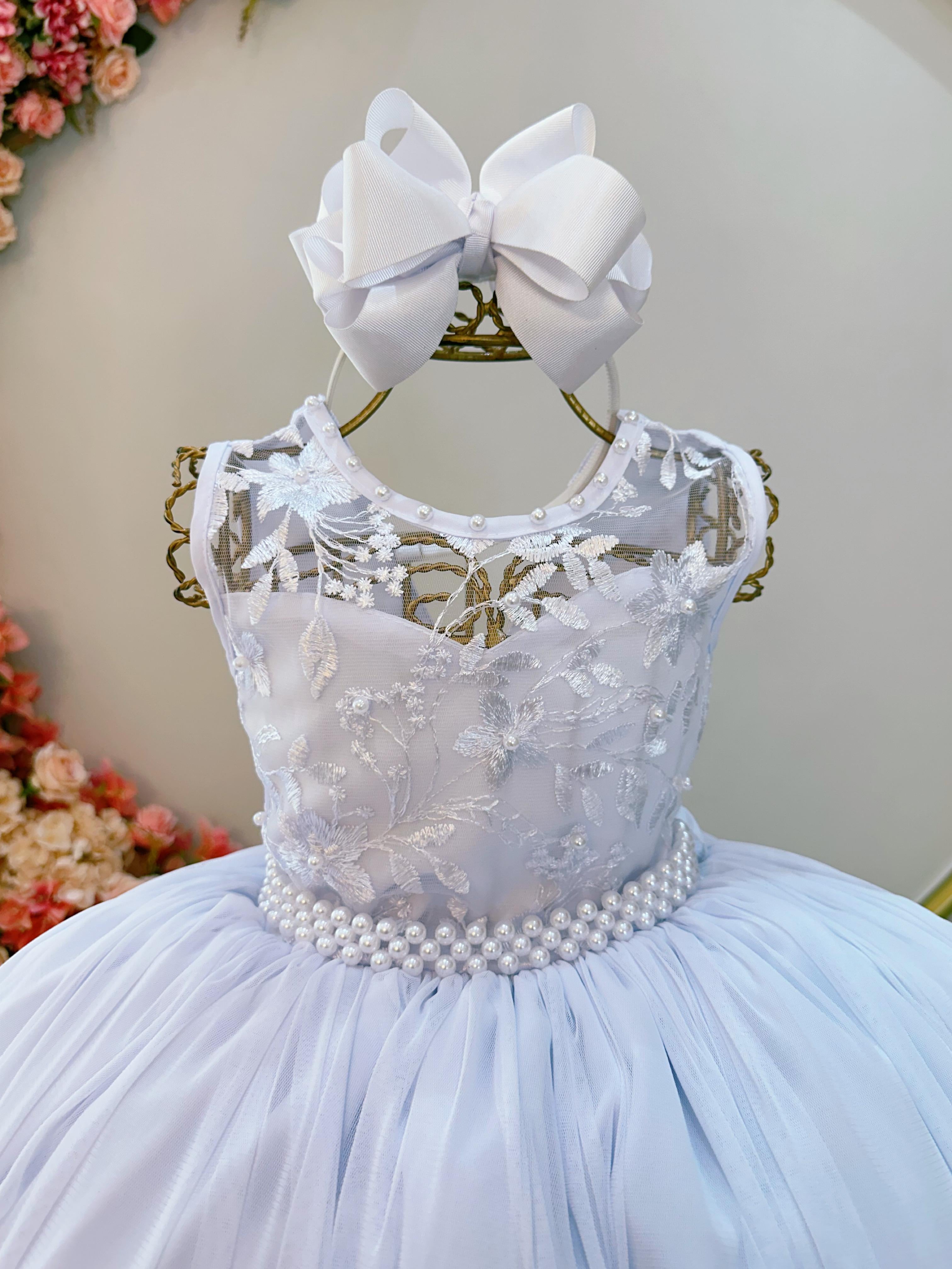 Vestido Infantil Branco Longo C/ Renda e Cinto de Pérolas