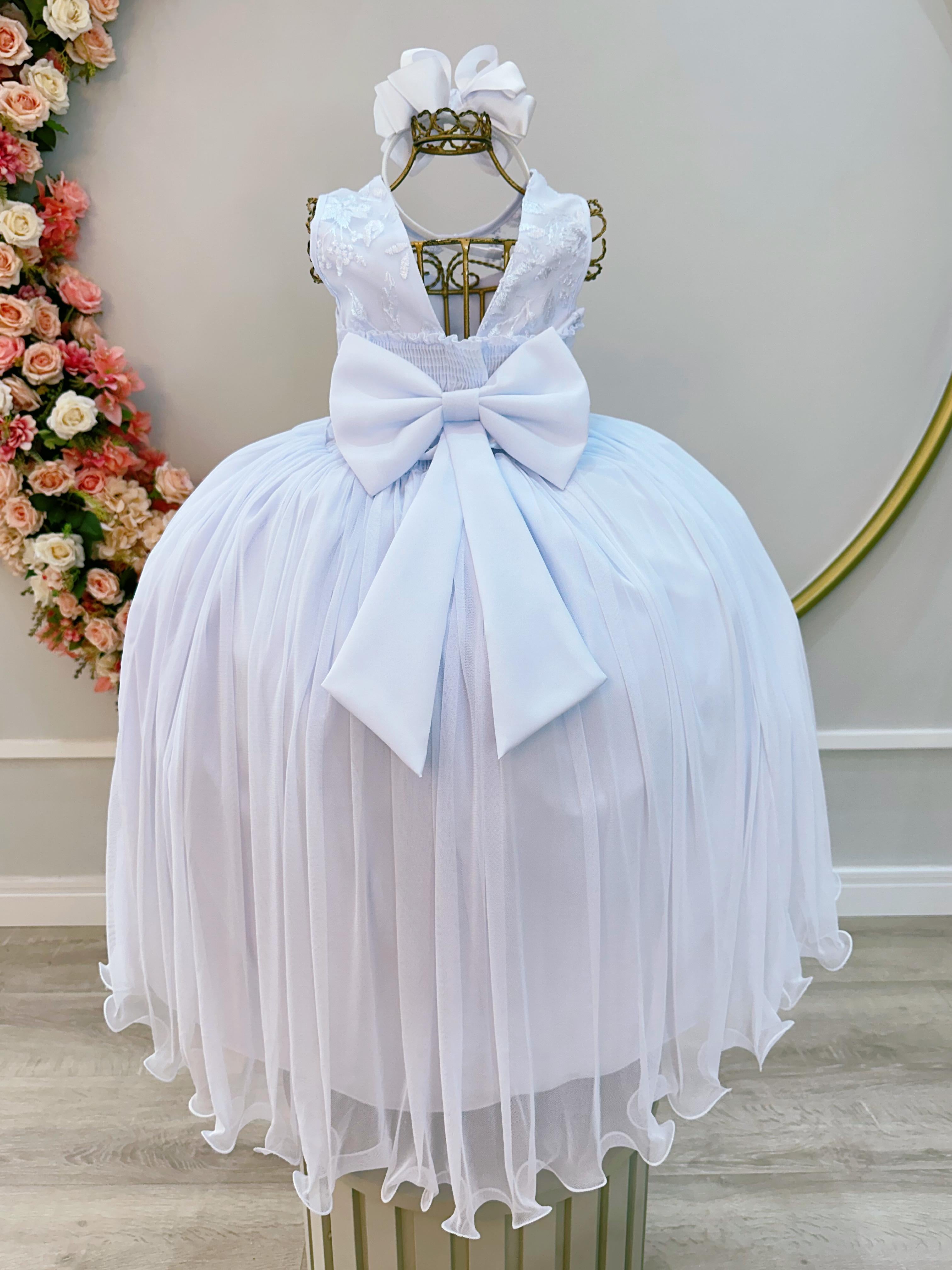 Vestido Infantil Branco Longo C/ Renda e Cinto de Pérolas