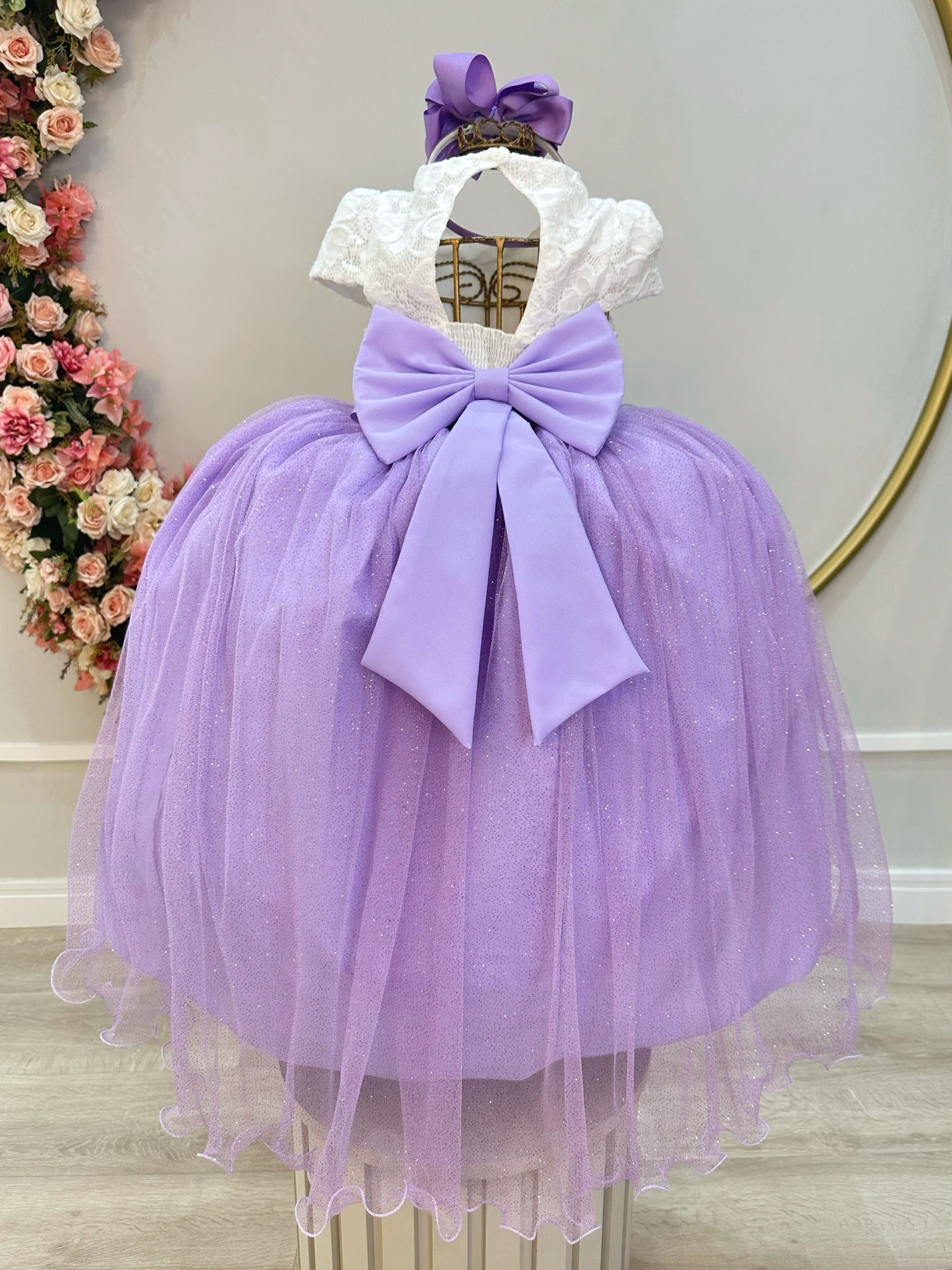 Vestido Infantil Off White Saia Lilás C/ Renda e Broche Damas