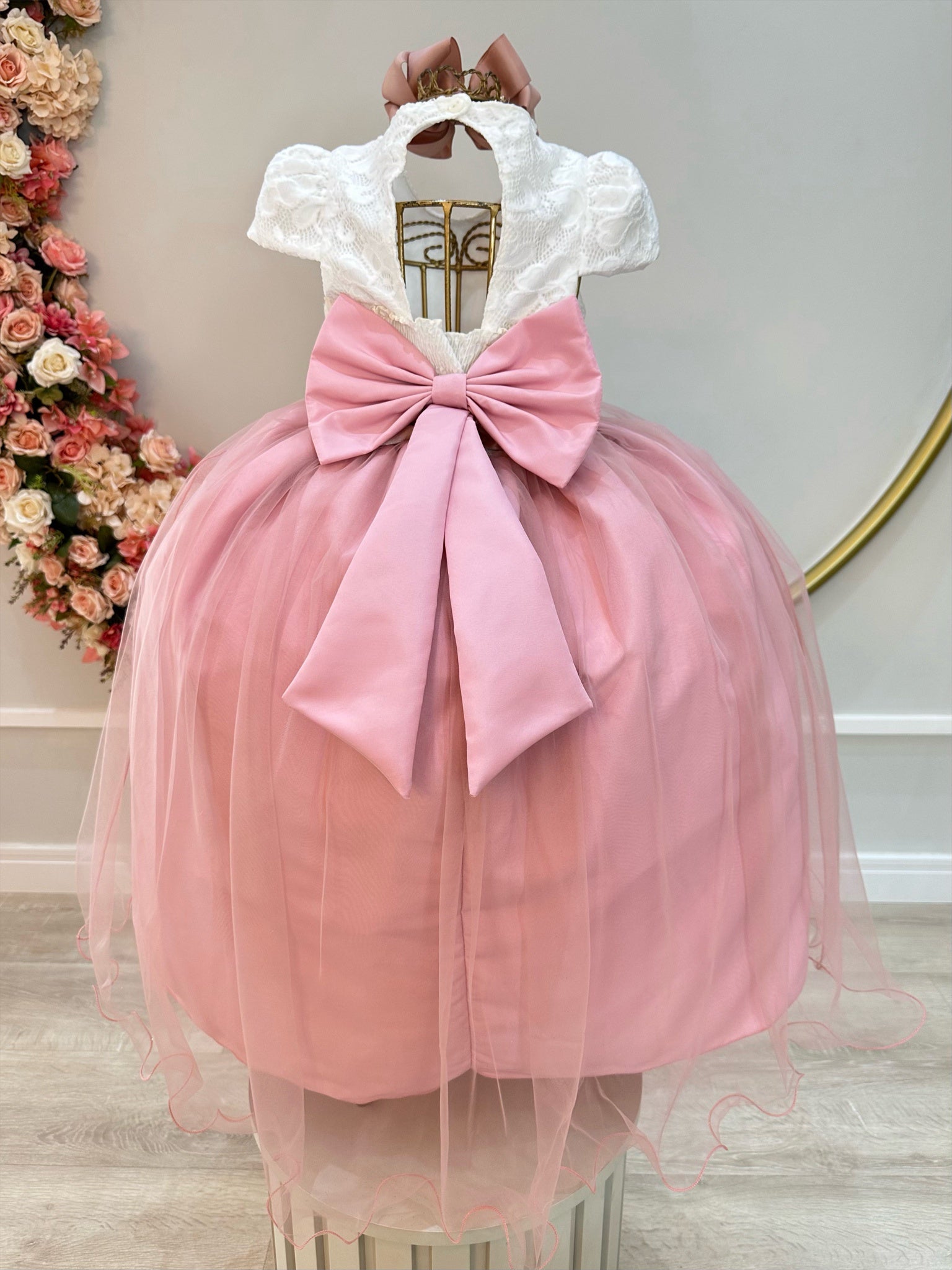 Vestido Infantil Off White Saia Rose C/ Renda e Broche Flor