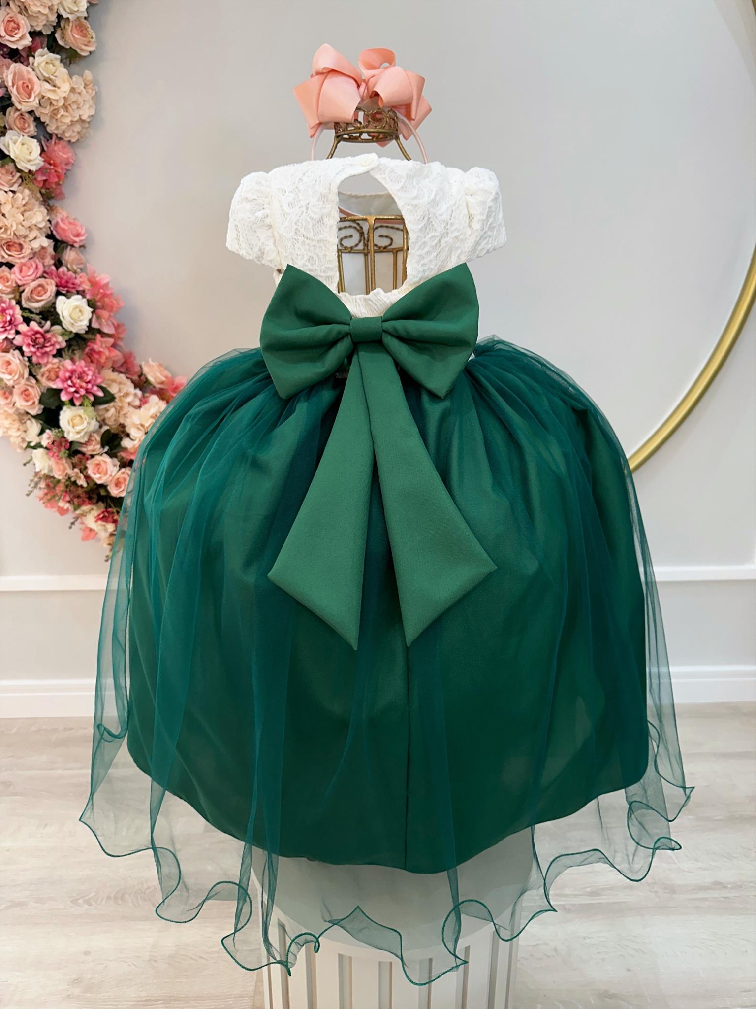 Vestido Infantil Off White Saia Verde Esmeralda Renda Broche