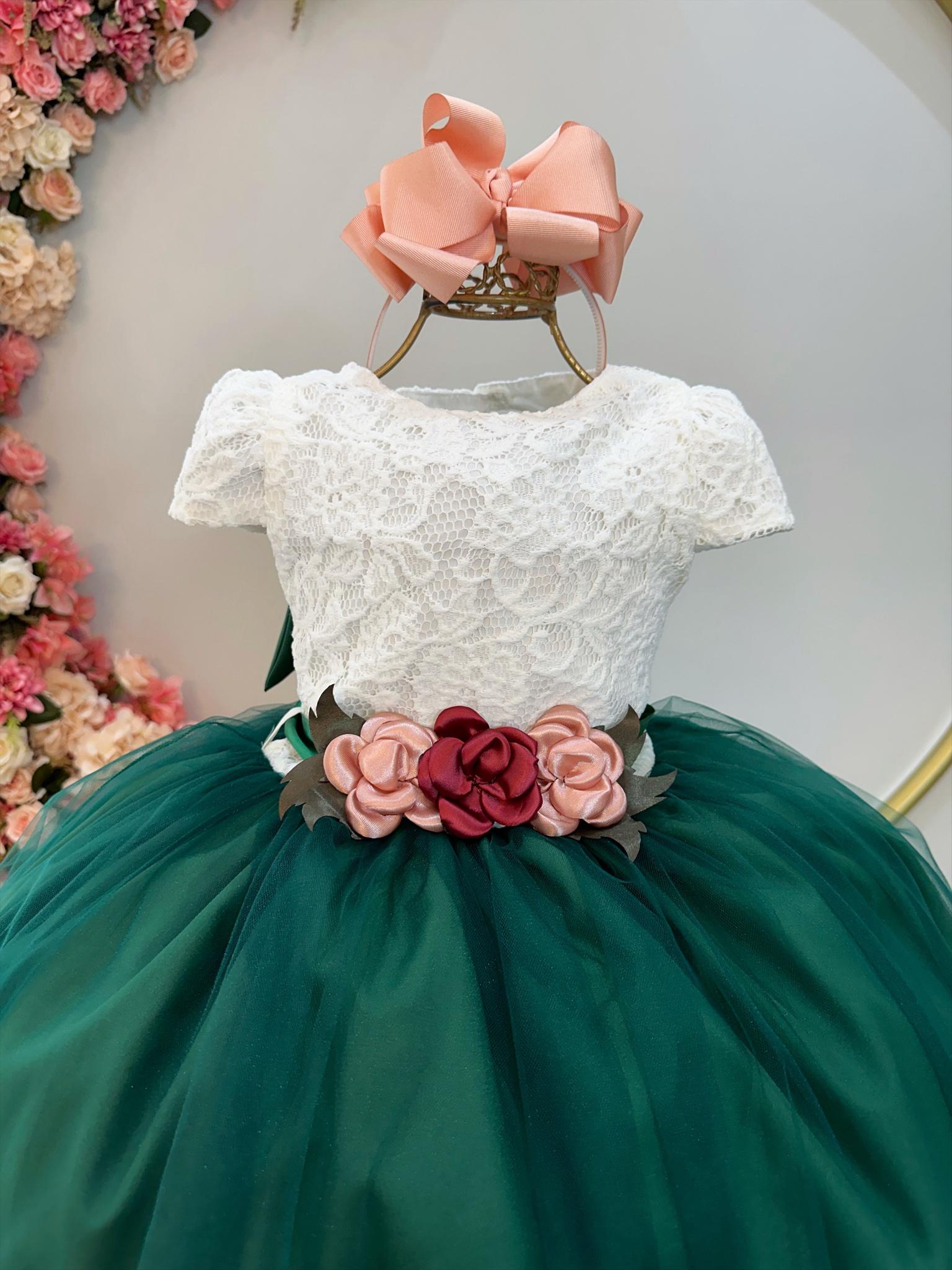 Vestido Infantil Off White Saia Verde Esmeralda Renda Broche