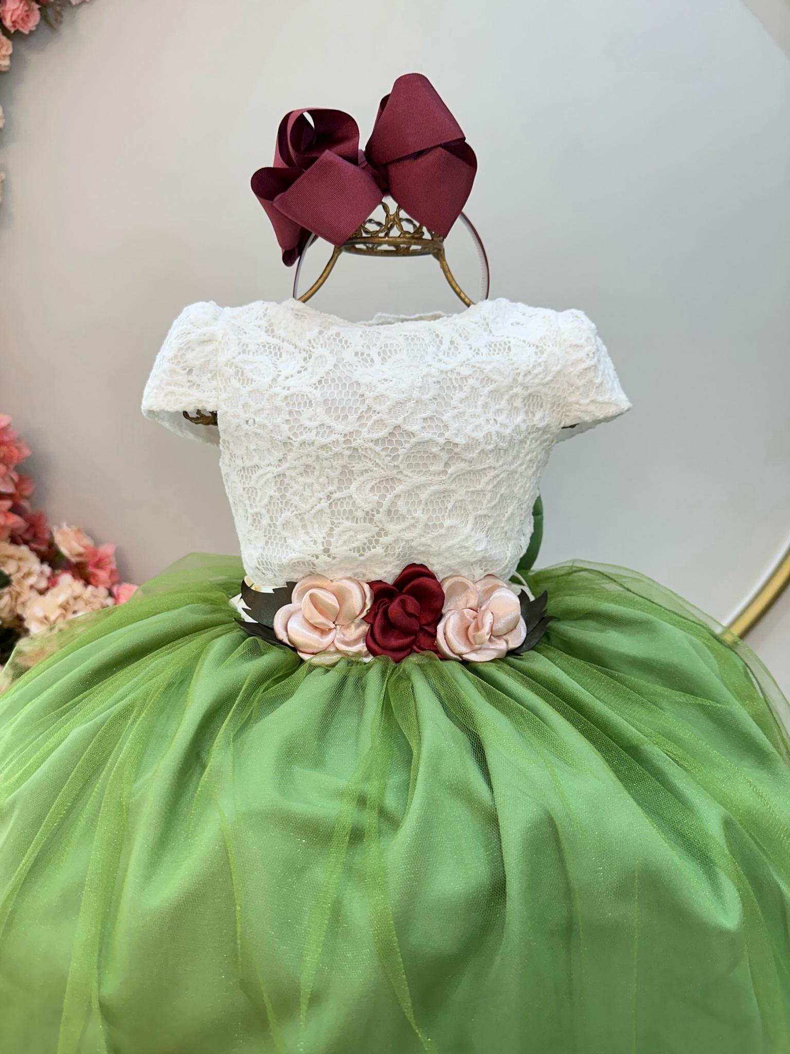 Vestido Infantil Off White Saia Verde Oliva C/ Renda e Broche